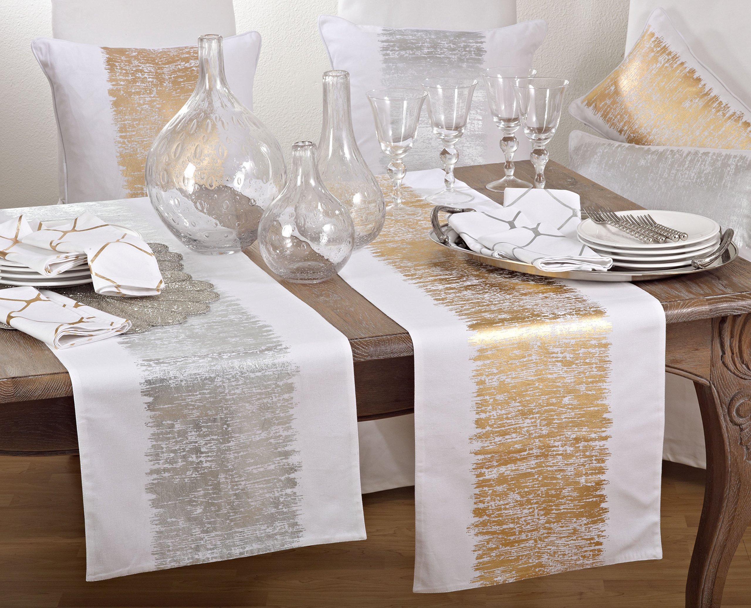 SARO LIFESTYLE Agatha Collection Runner da Tavolo in Cotone con Design a Fascia Metallico, 100%, Argento