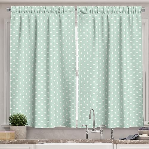 Ambesonne Cortinas verdes de cocina, estilo retro, patrón temático de guardería de bebé con pequeños lunares blancos, juego de 2 paneles para