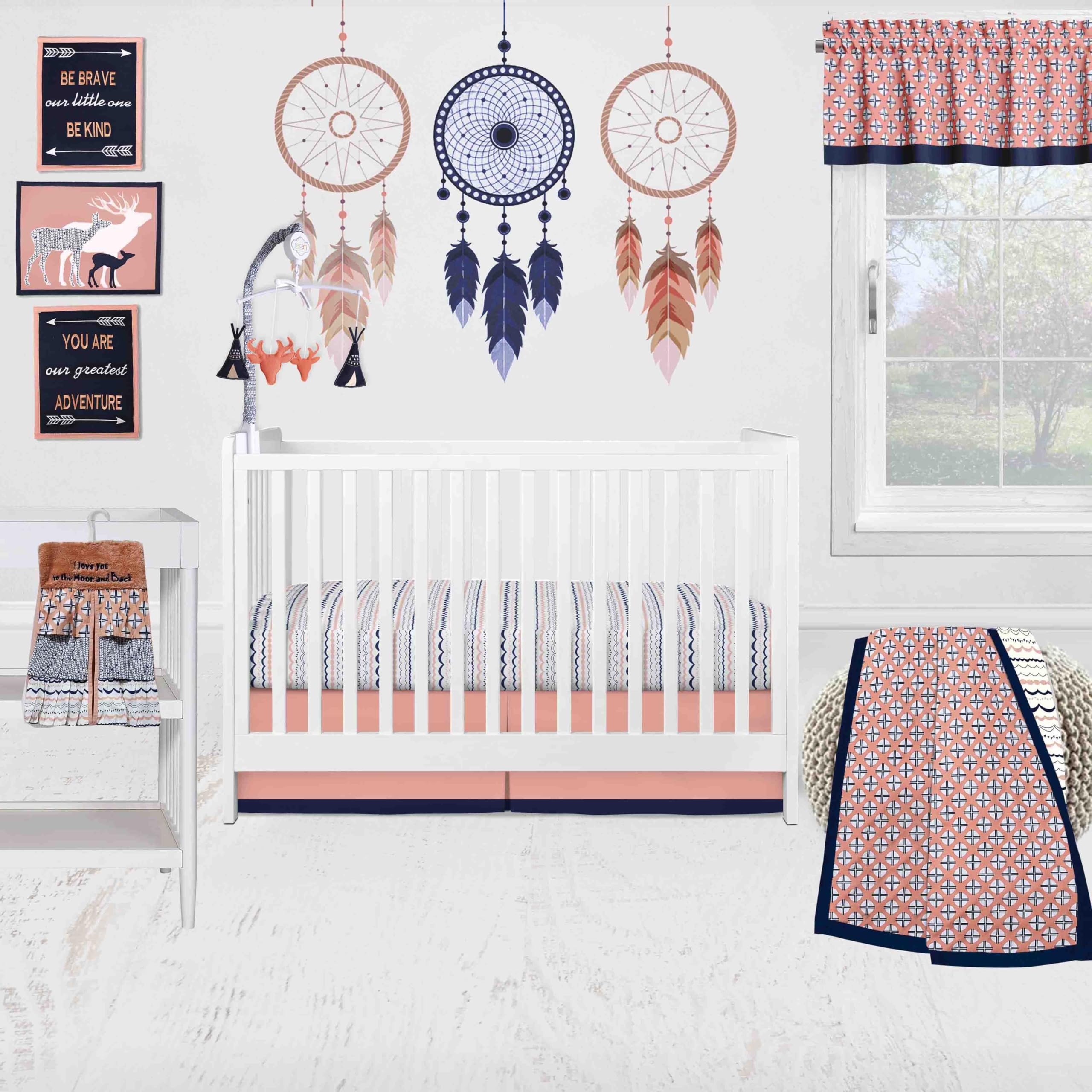 Bacati - Tribal Olivia Coral Navy 10 pc Girls Crib Bedding Set with 2 Crib Fitted Sheets