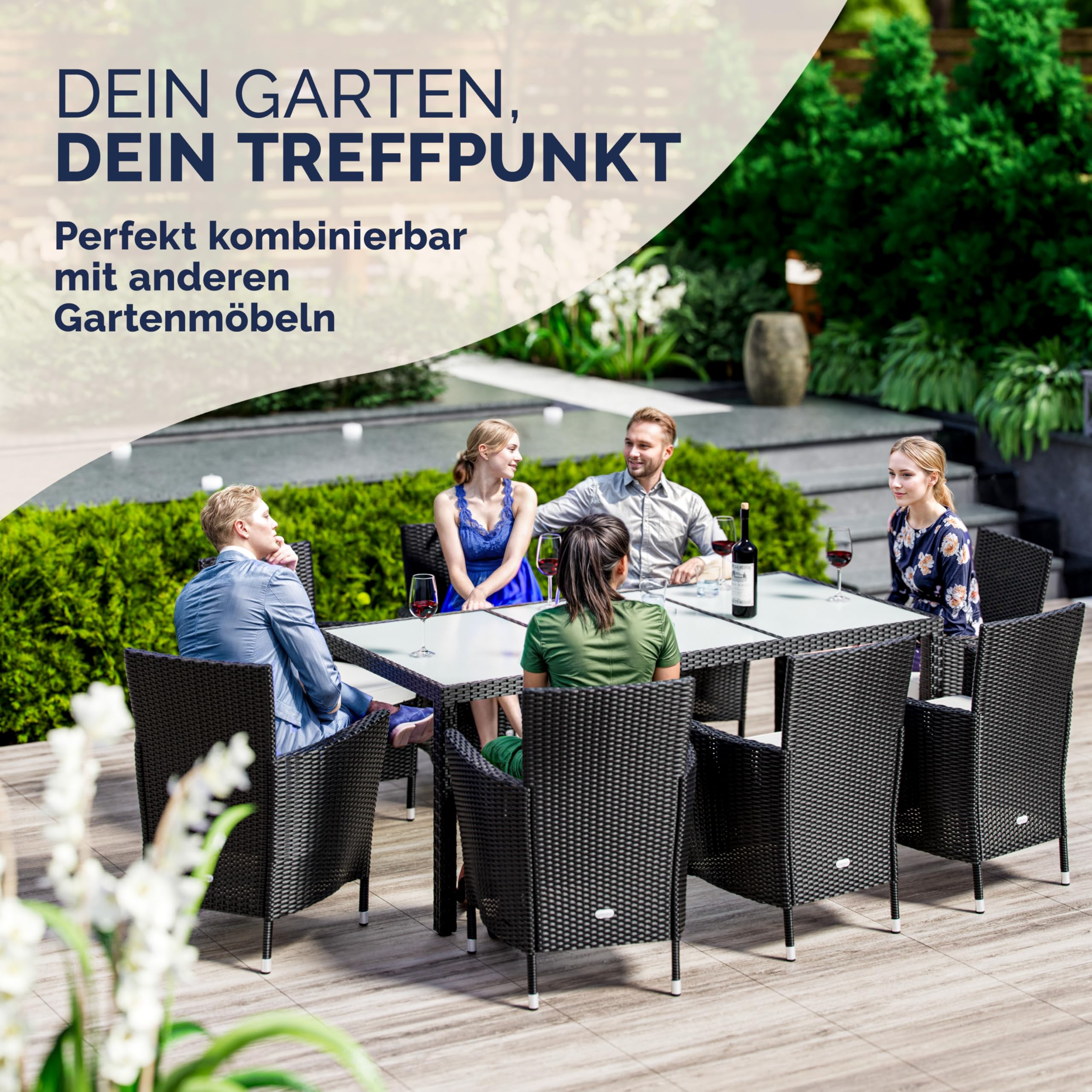 Casaria® Gartentisch Wetterfest 190x90x75cm Polyrattan Höhenverstellbar 5mm Sicherheitsglas Garten Terrasse Esstisch Outdoor Tisch Gartenmöbel Schwarz