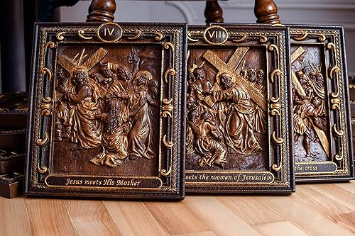 Set of 14 Stations of the cross Way of the Cross Pilate condemns Jesus to die Way of Sorrows Wood Carving Religious icon