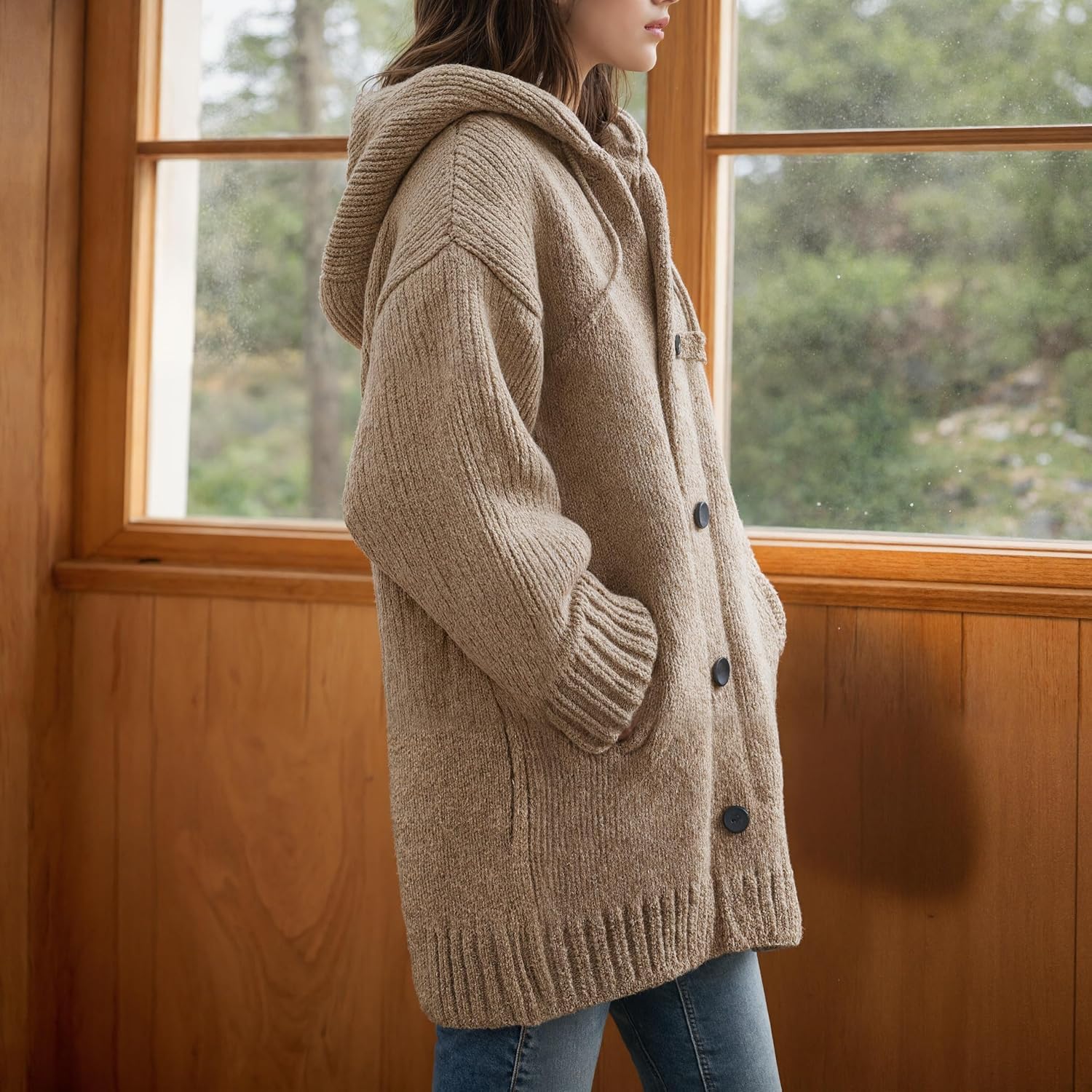 TIAFORD Women's Oversized Casual Chunky Knit Hooded Cardigans with Pockets, Fall Winter Warm Button Down Sweater Coats - Image 2