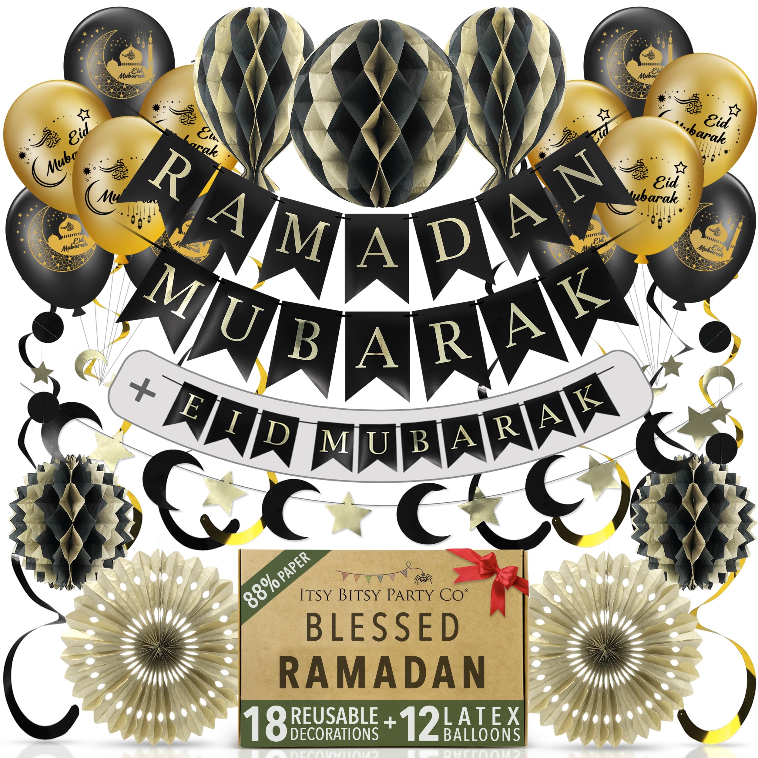 – Premium Reusable Ramadan Decorations for Home - Eid Decorations with Balloons - 3-in-1 Banner spells Eid Mubarak, Ramadan Mubarak & Ramdan Kareem - Fast Assembly with Velcro (Black & Gold + Balloons)