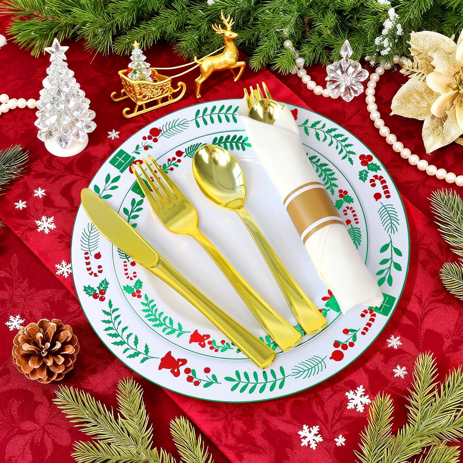 350pcs Christmas Disposable Plates & Cutlery Set - Plastic Plates, Tree Design, Gold Disposable Silverware, Clear Gold Cups for Holiday Celebrations 02