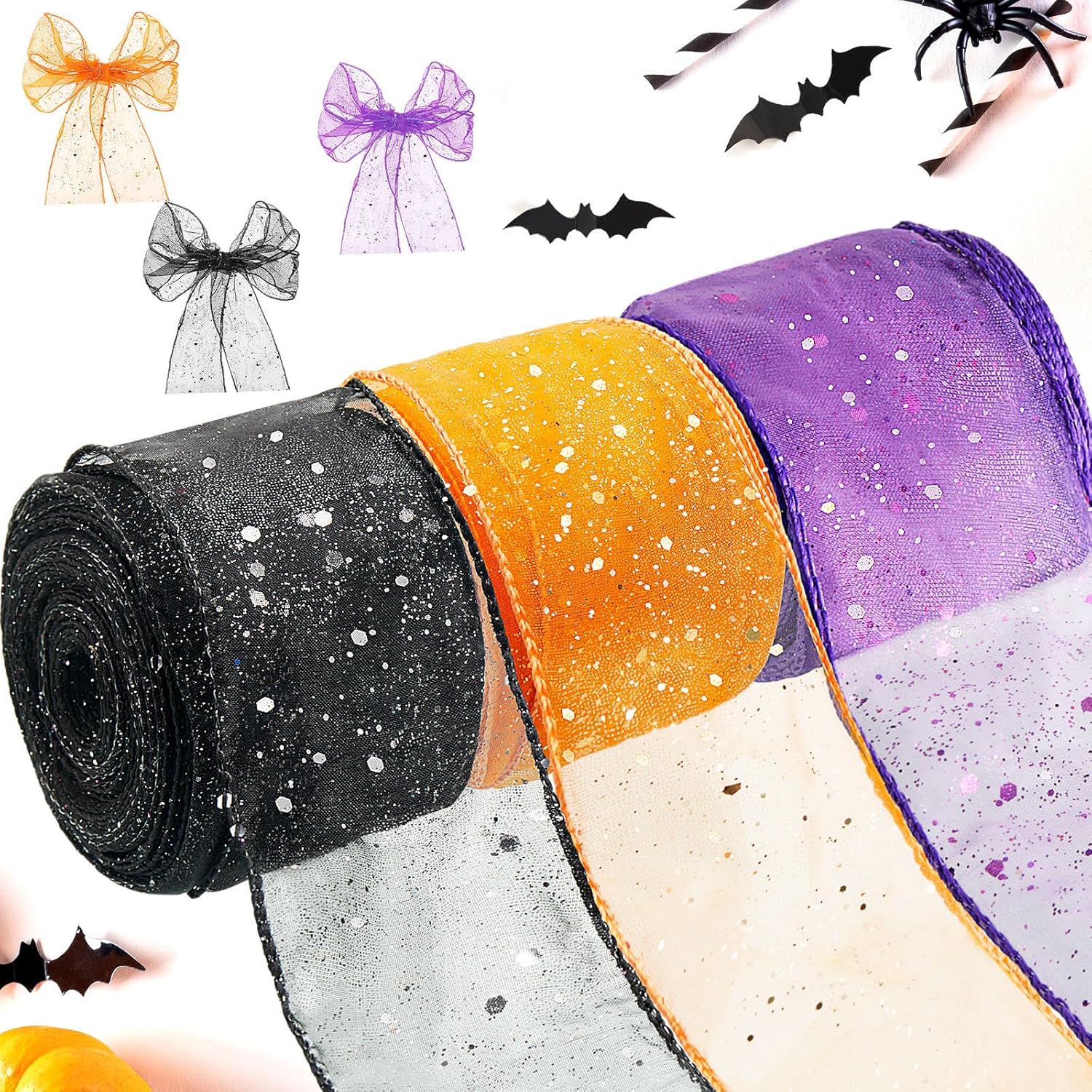 Craftsatin 3 Rolls 60 Yards Halloween Ribbon Wired Edge 2.5 Inch Halloween Glitter Purple Orange Black Edge Craft Ribbon Making Home Decor Wreath DIY Crafts