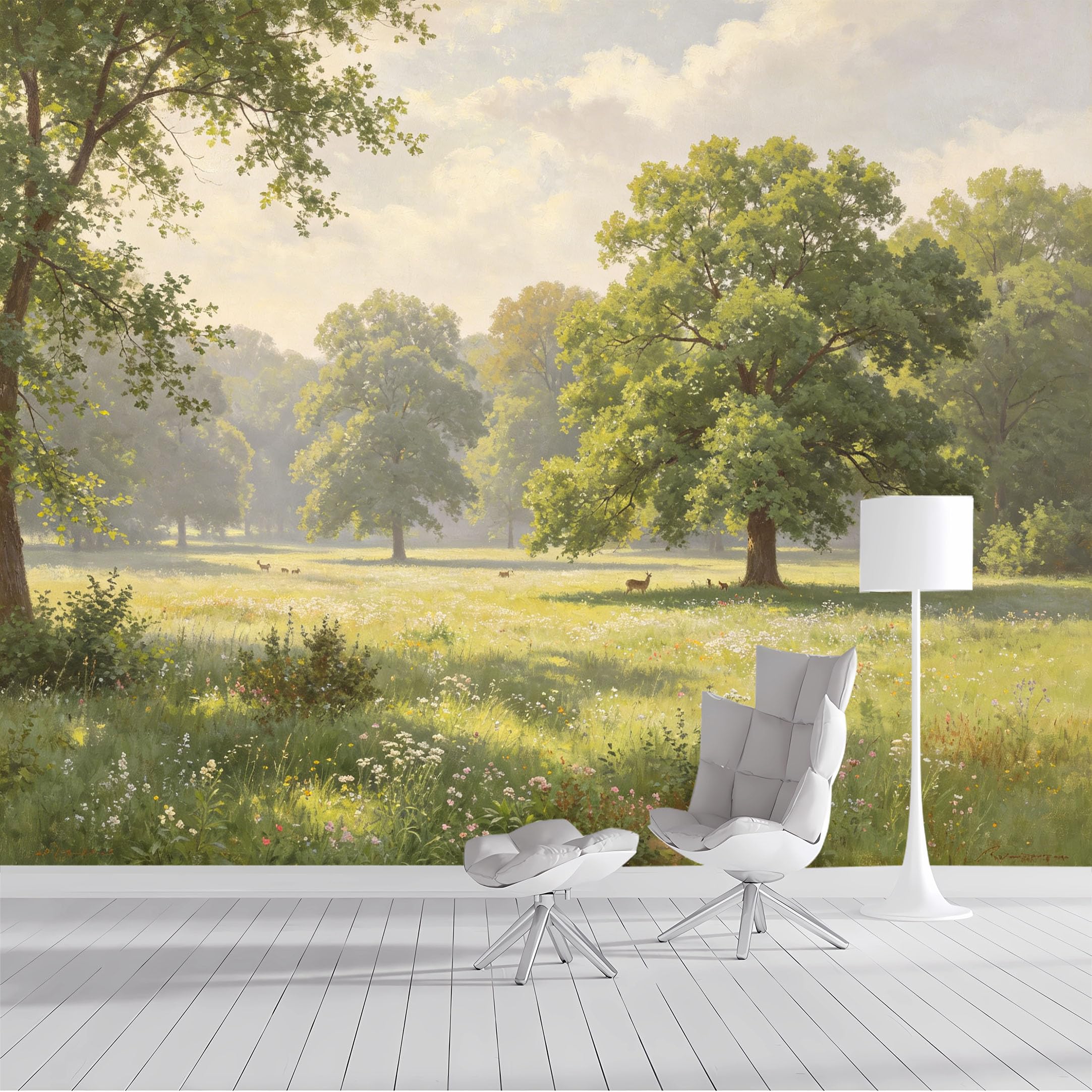 Custom Size Wall Mural Pastoral Landscape Wild Meadow Deer Forest Scene Oil Painting SelfAdhesive Wall Fabric Removable Peel and Stick Wallpaper Wall Decor for Living Room Bedroom Bathroom