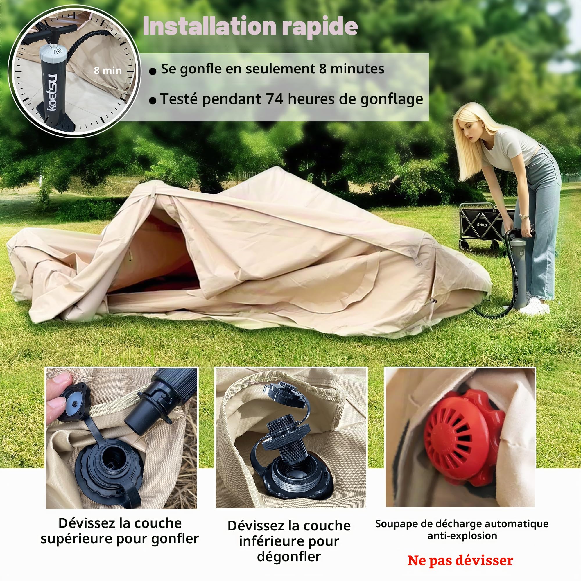 Tente gonflable pour 4 personnes, en tissu Oxford 600D, avec mouche de pluie et pompe à air, installation facile