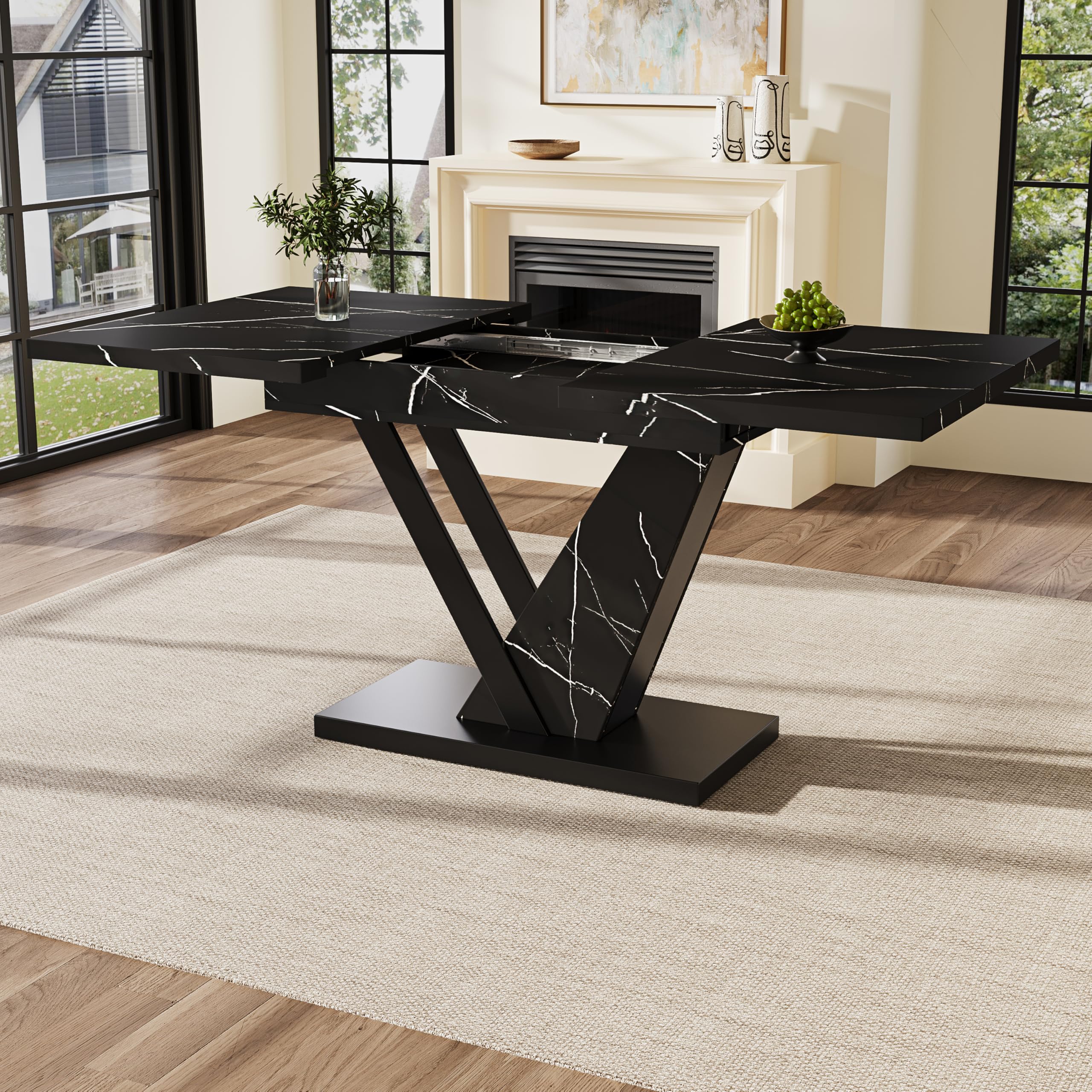 Merax Extendable Dining Table 120–160 cm, Marble Effect MDF Tabletop, Black Legs,Telescopic tablefor kitchen and living room, dining table