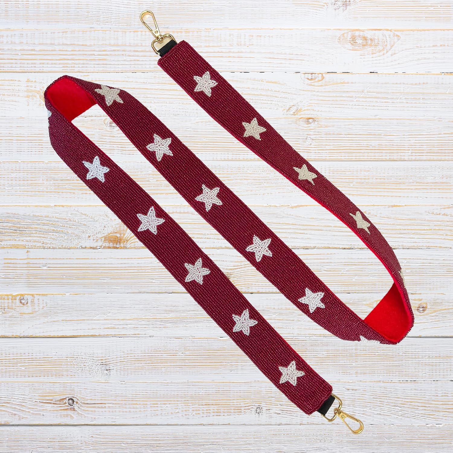Lashicorn Crimson Red with White Stars Beaded Purse Strap 49” Alabama Arkansas Football Game Day Replacement Clear Bag Roll Razorback Tide Gold Clasps Sooner