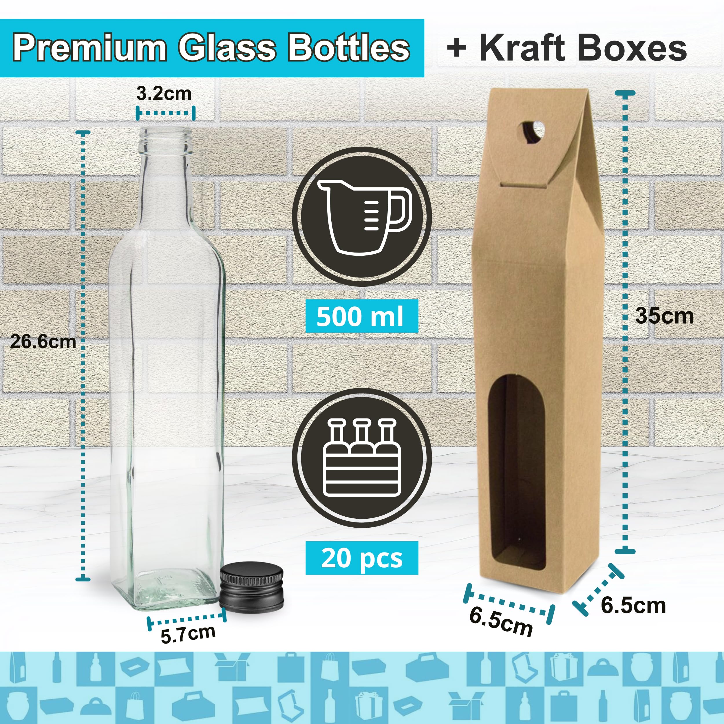 Espirito Rebelde 20 Botellas de Cristal 500ml con Tapón de Rosca Negro + 20 Cajas - Aceite de Oliva, Vinagre, Alcohol, Salsas - Aceitera de Cristal