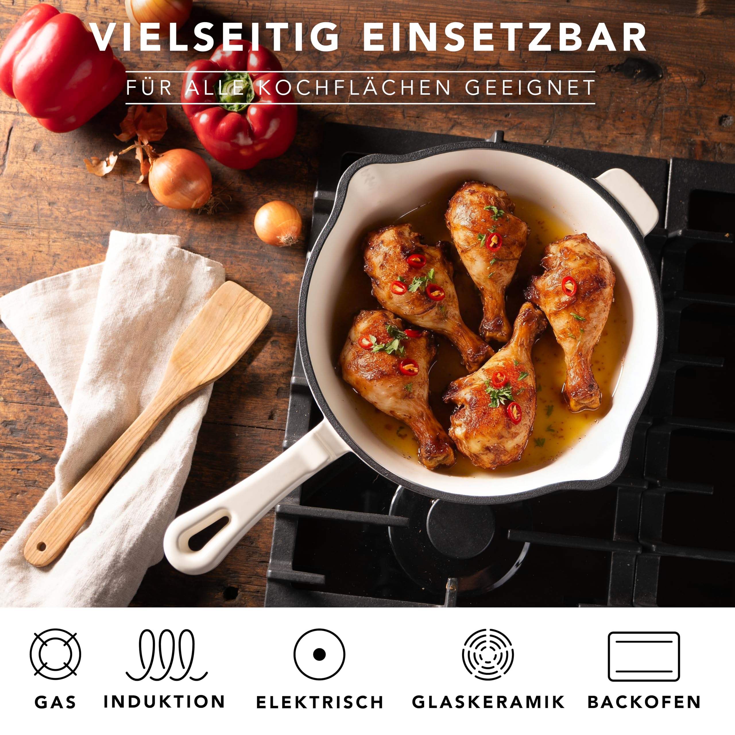 Römertopf - Padella in ghisa da 28 cm, con rivestimento smaltato, per tutti i tipi di fornelli compresi quelli a induzione, adatta al forno a 250 °C, per bistecche, patate, pesce, padelle, senza PFAS