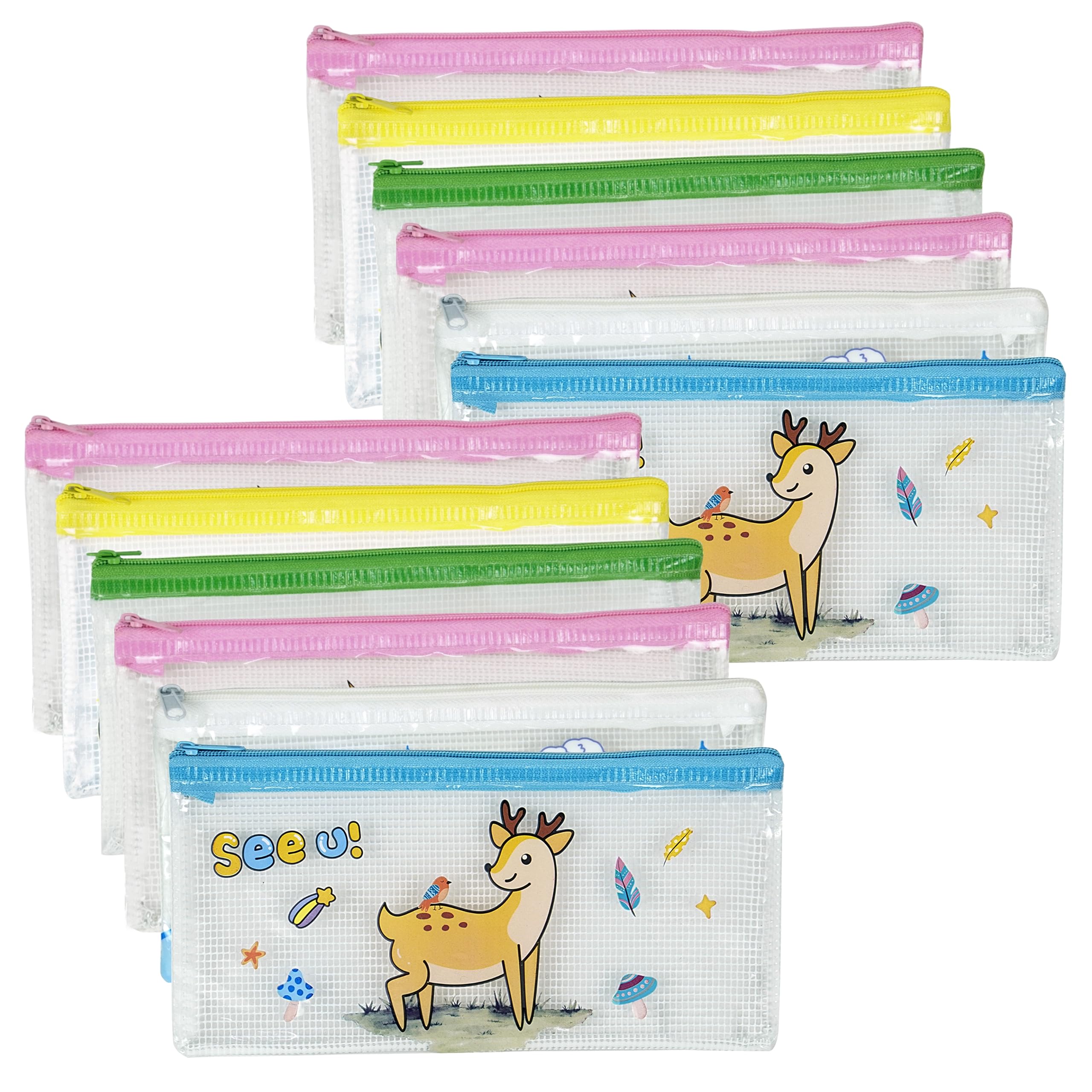 TULMAN Adorable Cartoon PVC Zipper Pencil Pouches for Kids B'Day Party Return Gifts to Carry Pencil pens in Stationery Pouch with Zip Lock Accessories for Childrens - (Pack of 12) (20 x 10 cm)