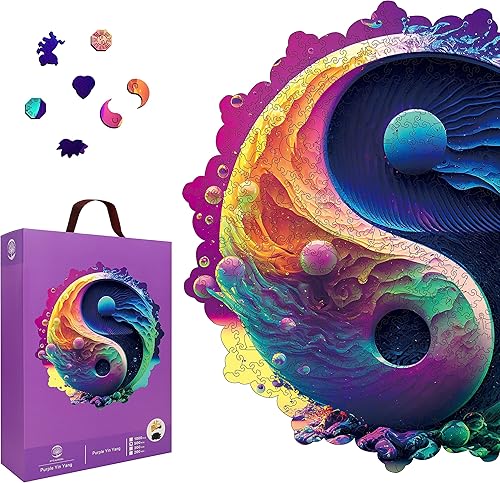 Miniatura 2 de Rompecabezas de madera para adultos, 500 piezas, color morado, Yin Yang, tamaño real, forma única, bonita caja, embalaje, divertido, desafiante,