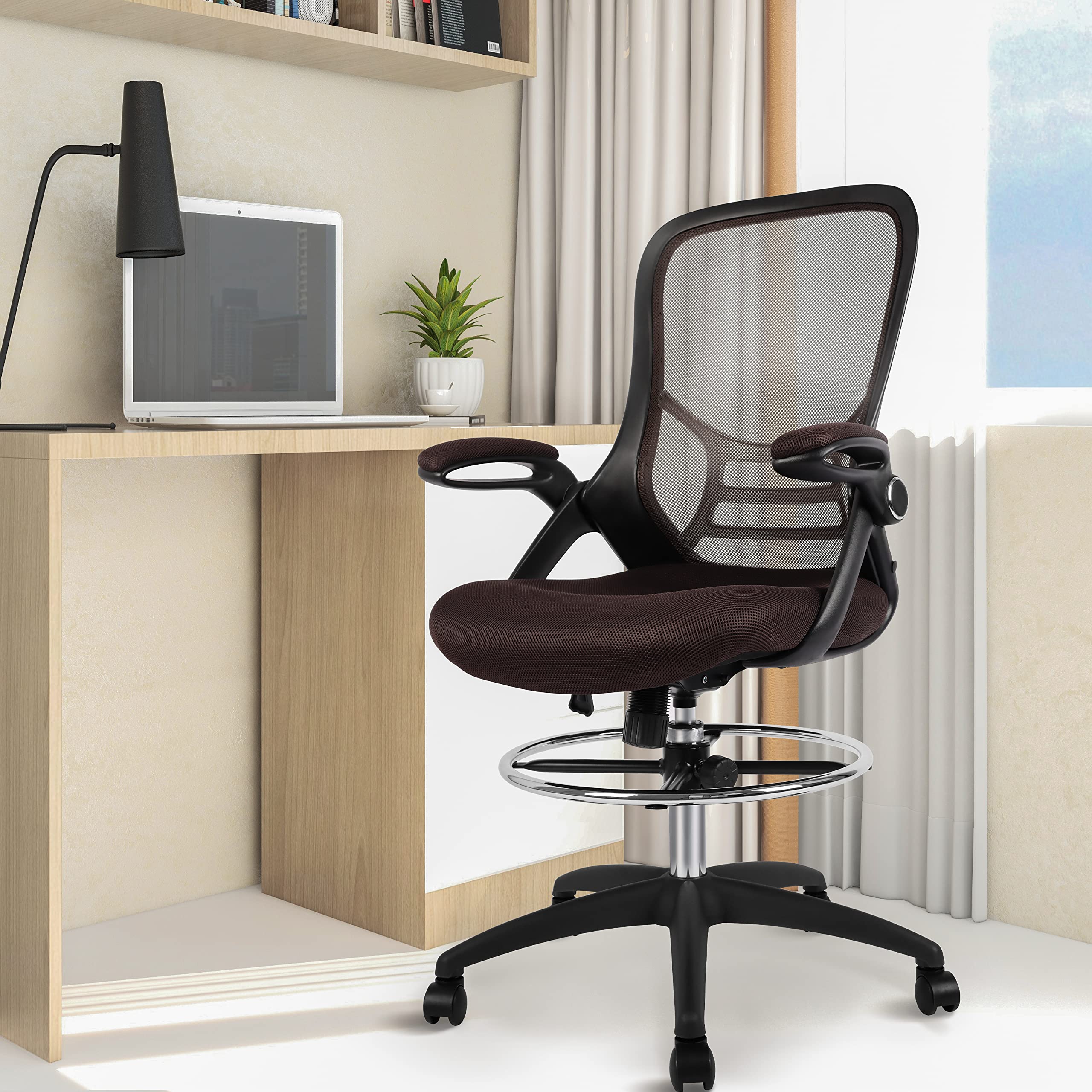 HYLONE Drafting Chair, Tall Office Chair Standing Desk Chair Brown Mesh