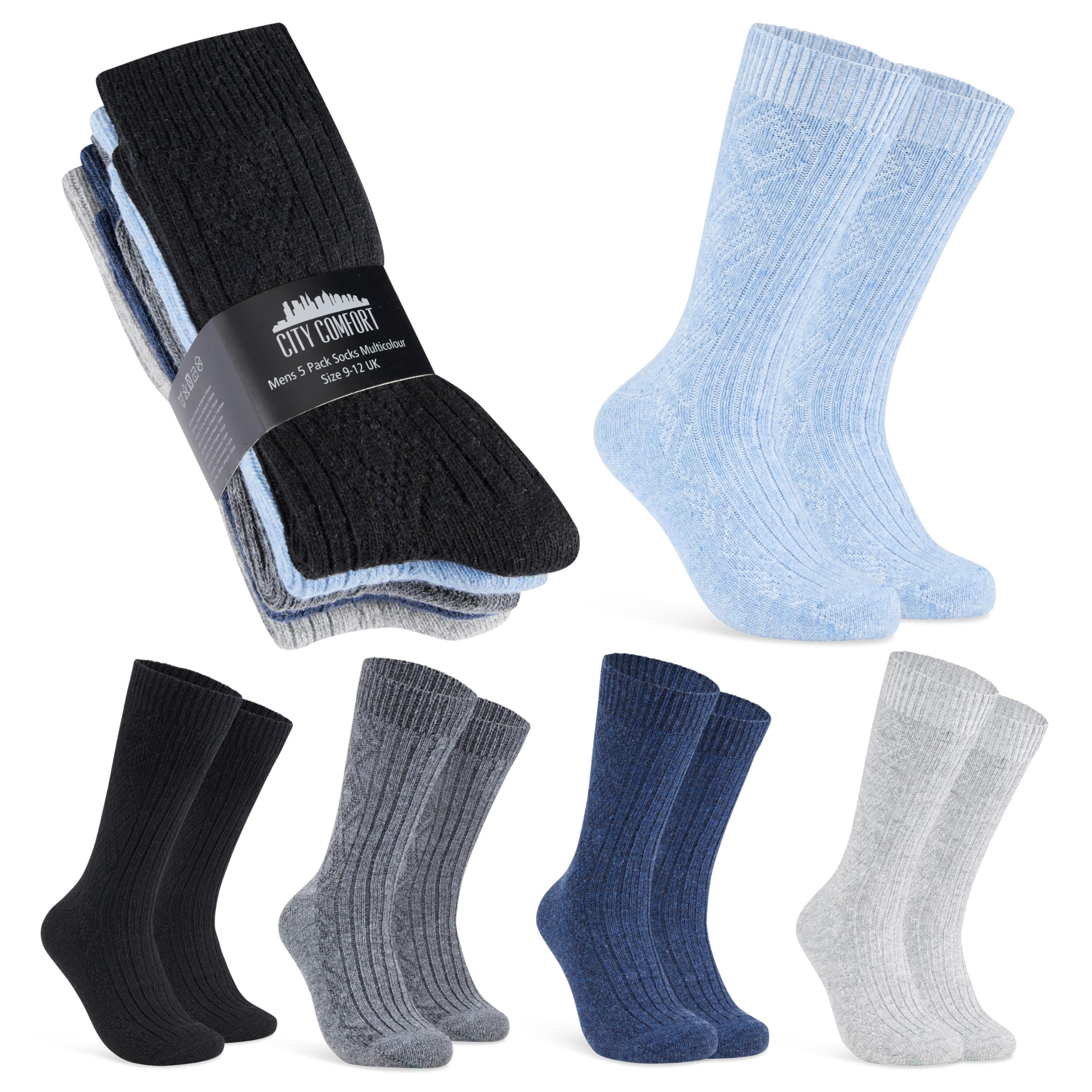 Citycomfort Men's Blue/Grey - 5 Pack Socks Pack Of 5 Or 2 Soft Warm Ankle Socks For Teenagers Size 6-12 Wool Socks Winter Walking Work Socks Gifts For Him (/Grey, 9/12 Uk, Pack Of 5)
