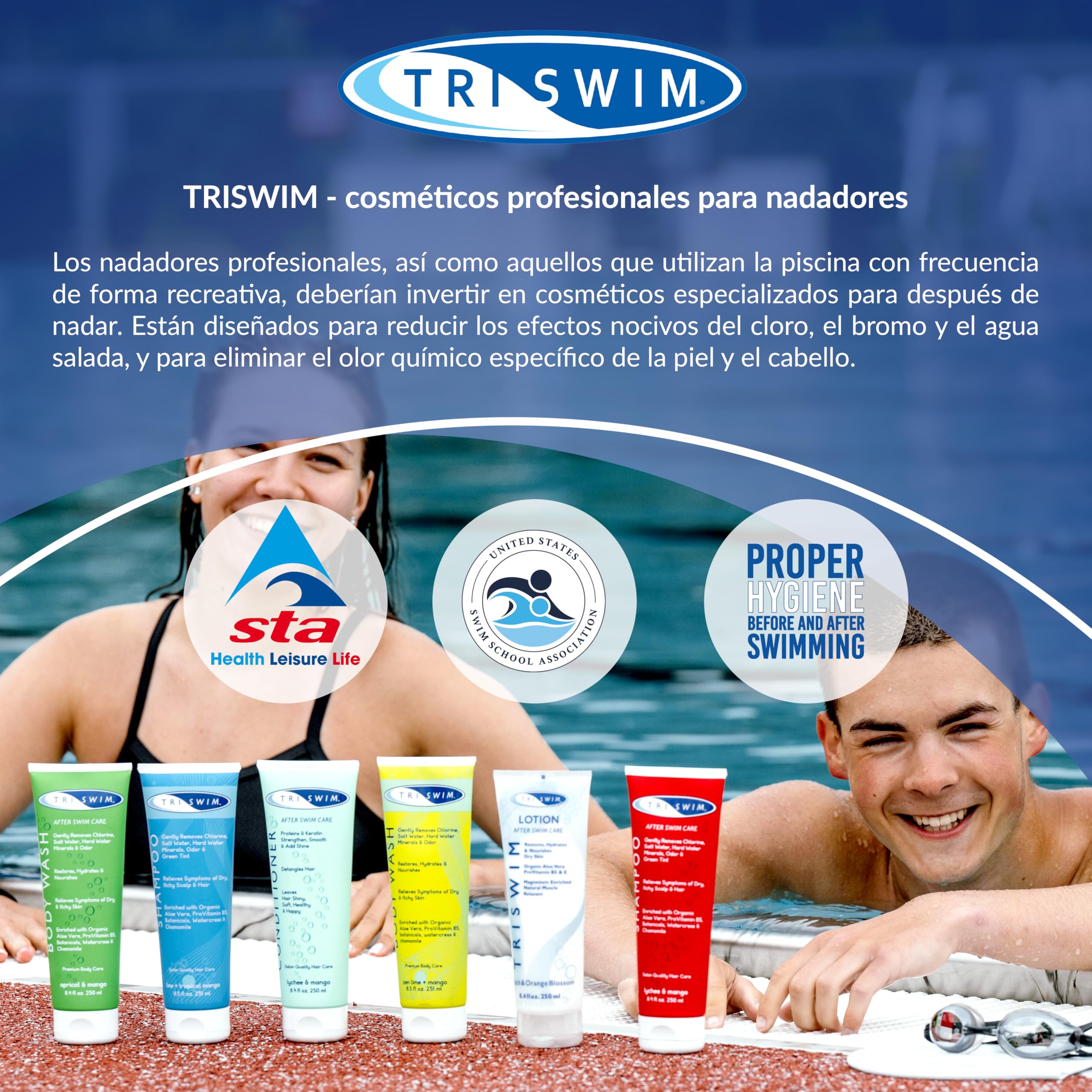 TRISWIM - Lote de champú y acondicionador para después de nadar, tratamiento capilar anticloro para nadadores, elimina el tinte verde, vegano y libre de crueldad animal (251+250 ml)