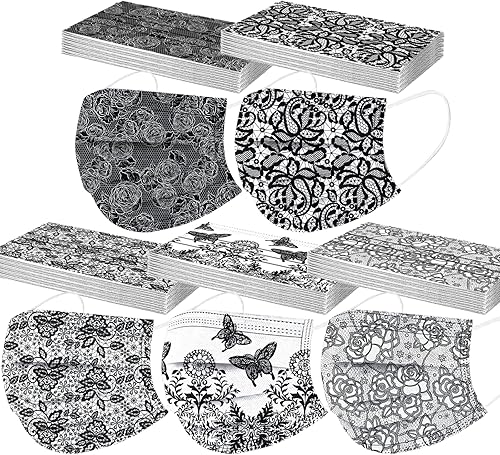 Paquete de 50 mascarillas desechables con patrón de encaje con filtro facial de 3 capas con cinta elástica para las orejas, transpirables con patrón