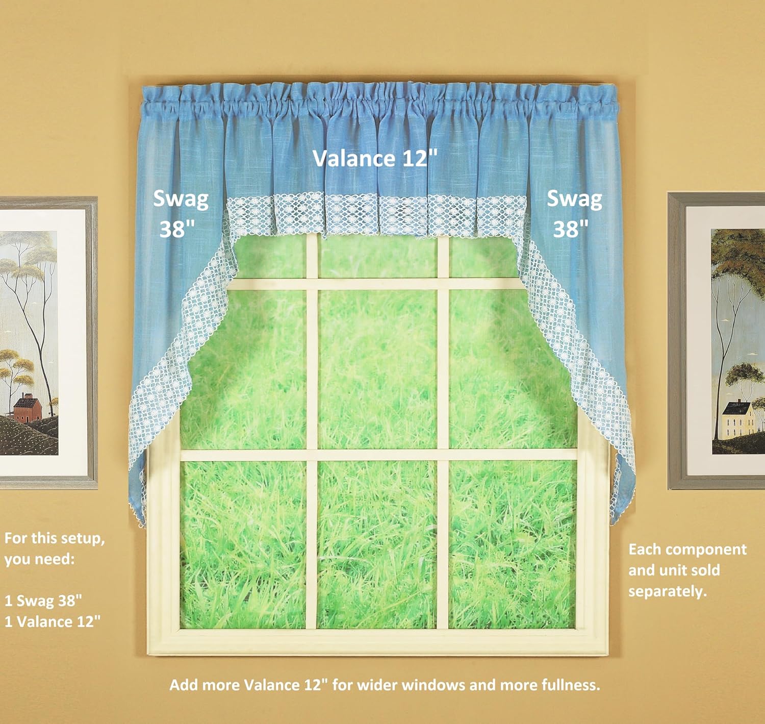 Today's Curtain, Salem Macramé Trim Swag 38", Blue, 60" W x 38" L