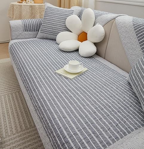Miniatura 6 de Funda de sofá rústica con rayas grises y acolchada, de algodón, suave, antideslizante, lavable, protector de muebles para sala de estar (gris, 28 x