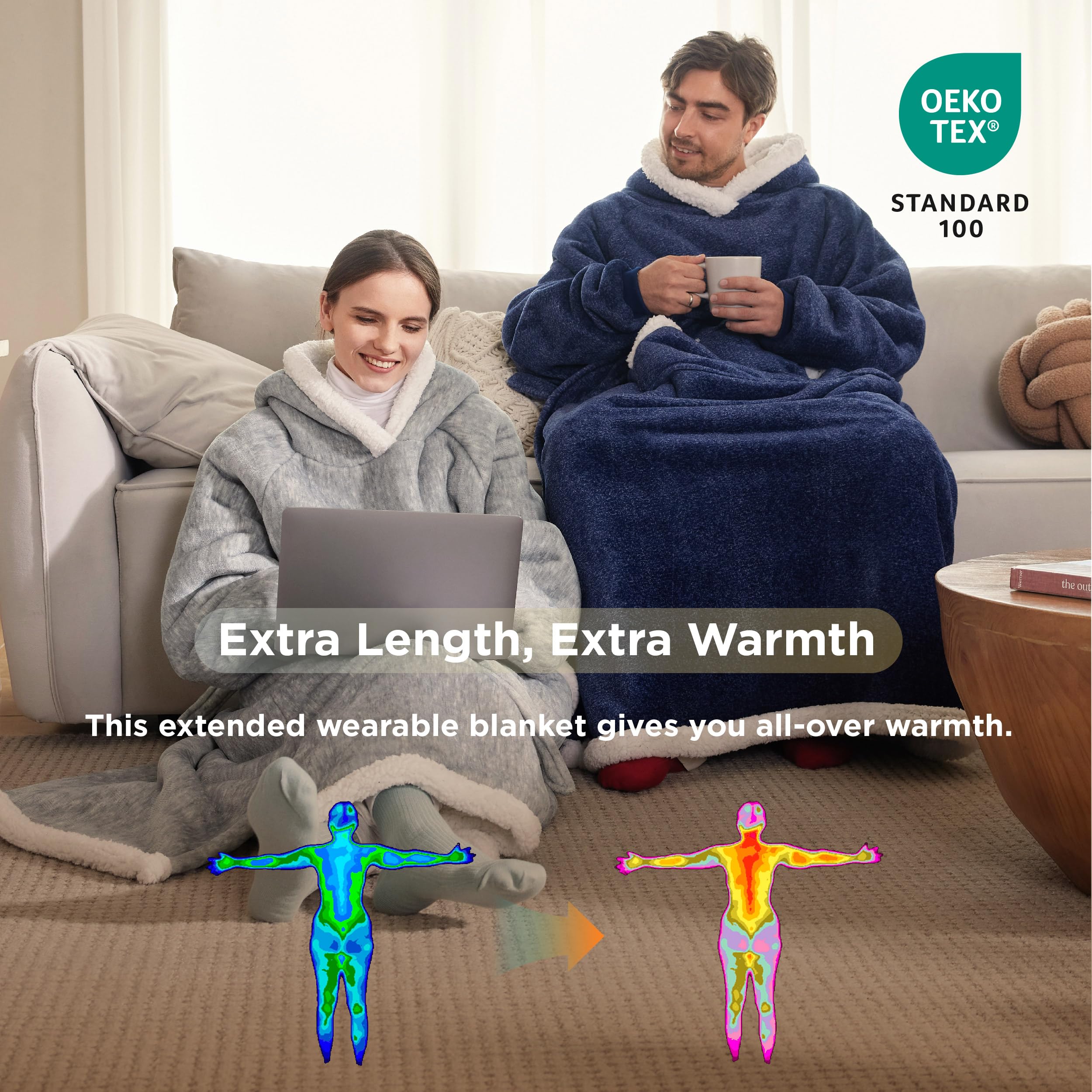 Full Length Bedsure Wearable Blanket Hoodie Sherpa-Lined Long