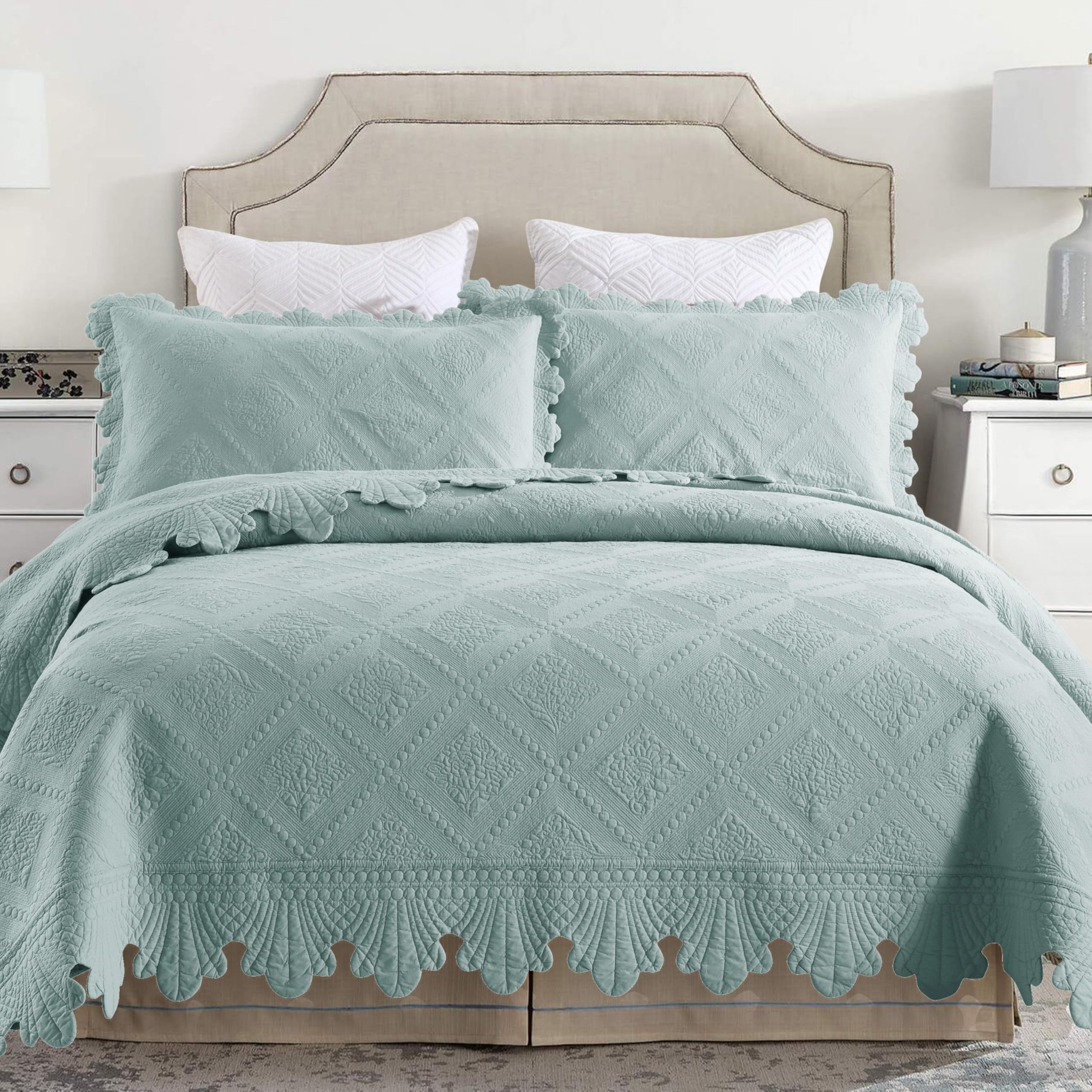 MarCielo 3-Piece 100% Cotton Oversized Bedspread Lightweight Quilt Coverlet Embroidery Farmhouse Bedding Set (Tk Aqua Green, Oversized King (118"x106"))