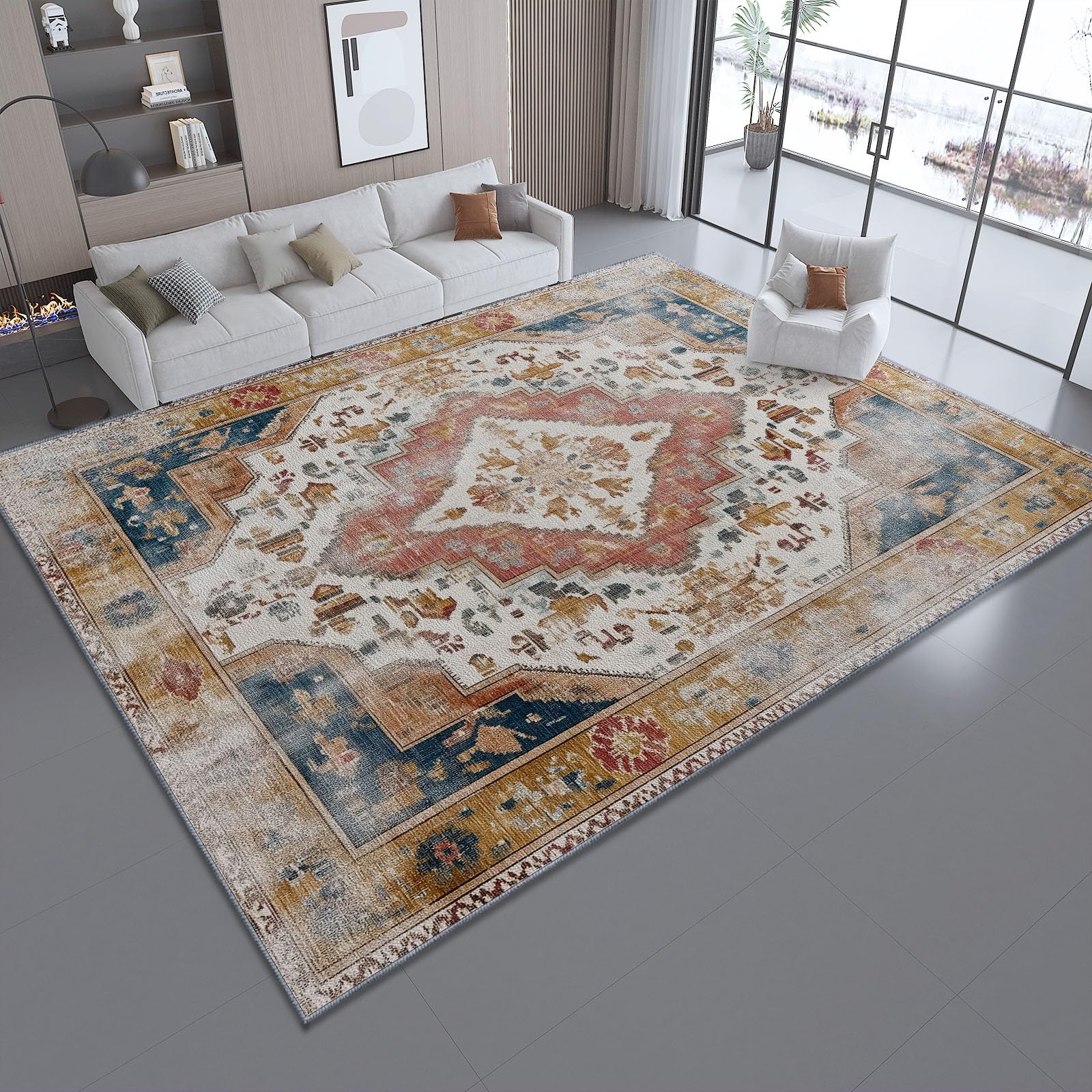 Tappeto per soggiorno grande 80 x 120 cm, Stile Retrò Persiano Lussuoso Geometrico lavabile in lavatrice antiscivolo a pelo basso decorazione - per la casa e l'ufficio Antico
