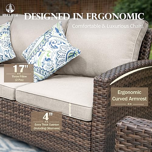 Miniatura 4 de HERA'S HOUSE Juego de muebles de ratán de 7 piezas, 4 sillas individuales, 2 sofás otomanos y de 3 asientos con cojines, juego de conversación