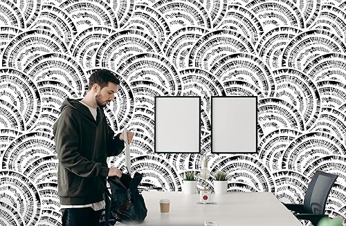 Miniatura 2 de Papel tapiz geométrico negro para despegar y pegar, papel tapiz blanco y negro, papel tapiz circular de 17.3 x 393.7 pulgadas, papel tapiz extraíble