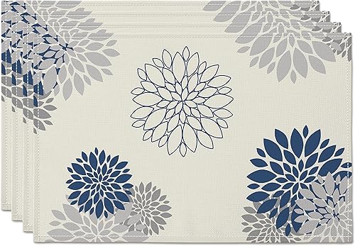 Miniatura 1 de WHOMEAF Dahlia Pinnata - Mantel individual de arpillera azul y gris, beige, moderno, elegante, con pompones, lavable, de temporada, cocina, comedor,