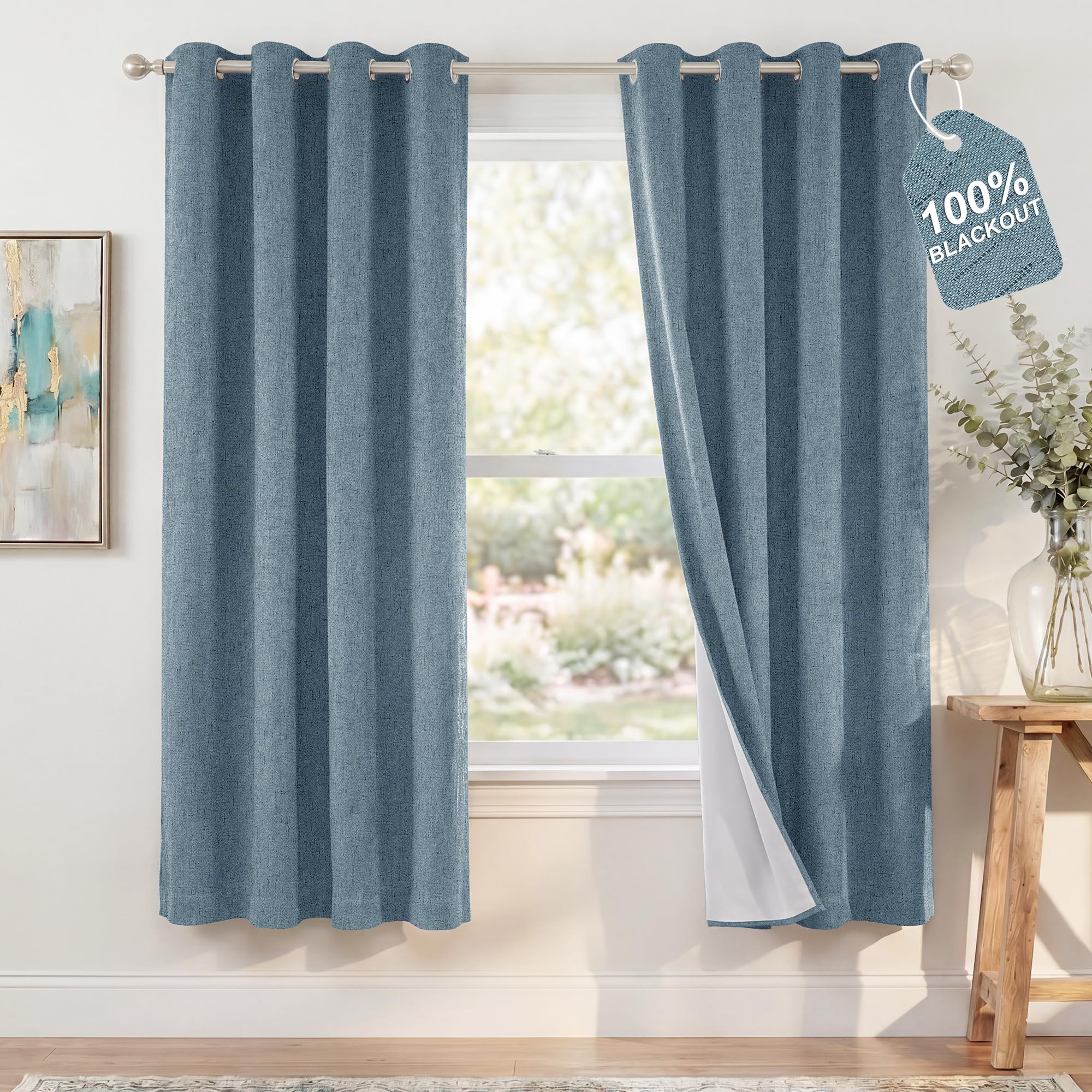 NICETOWN Stone Blue 100% Blackout Living Room Curtains W52 x L72