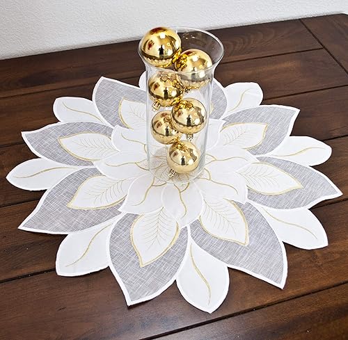 Miniatura 4 de Tapete de mesa bordado de Navidad blanco y dorado con estrella de Pascua (23 pulgadas, redondo)