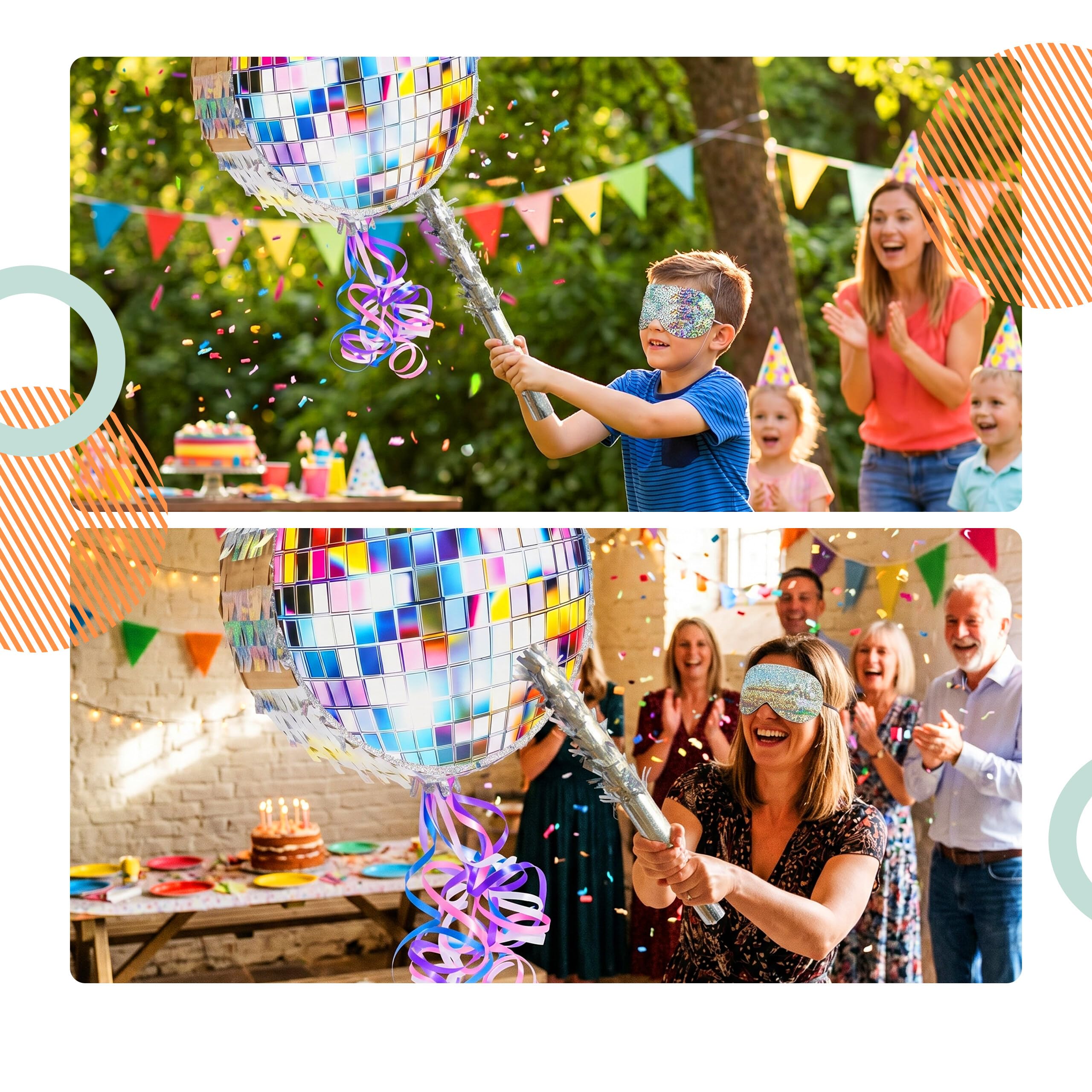 Relaxdays Pinata kula dyskotekowa z prętem i maską, Partypinata dla dzieci, szpinata urodzinowa, do napełniania, dł. x gł.: 30 x 8 cm, srebrna