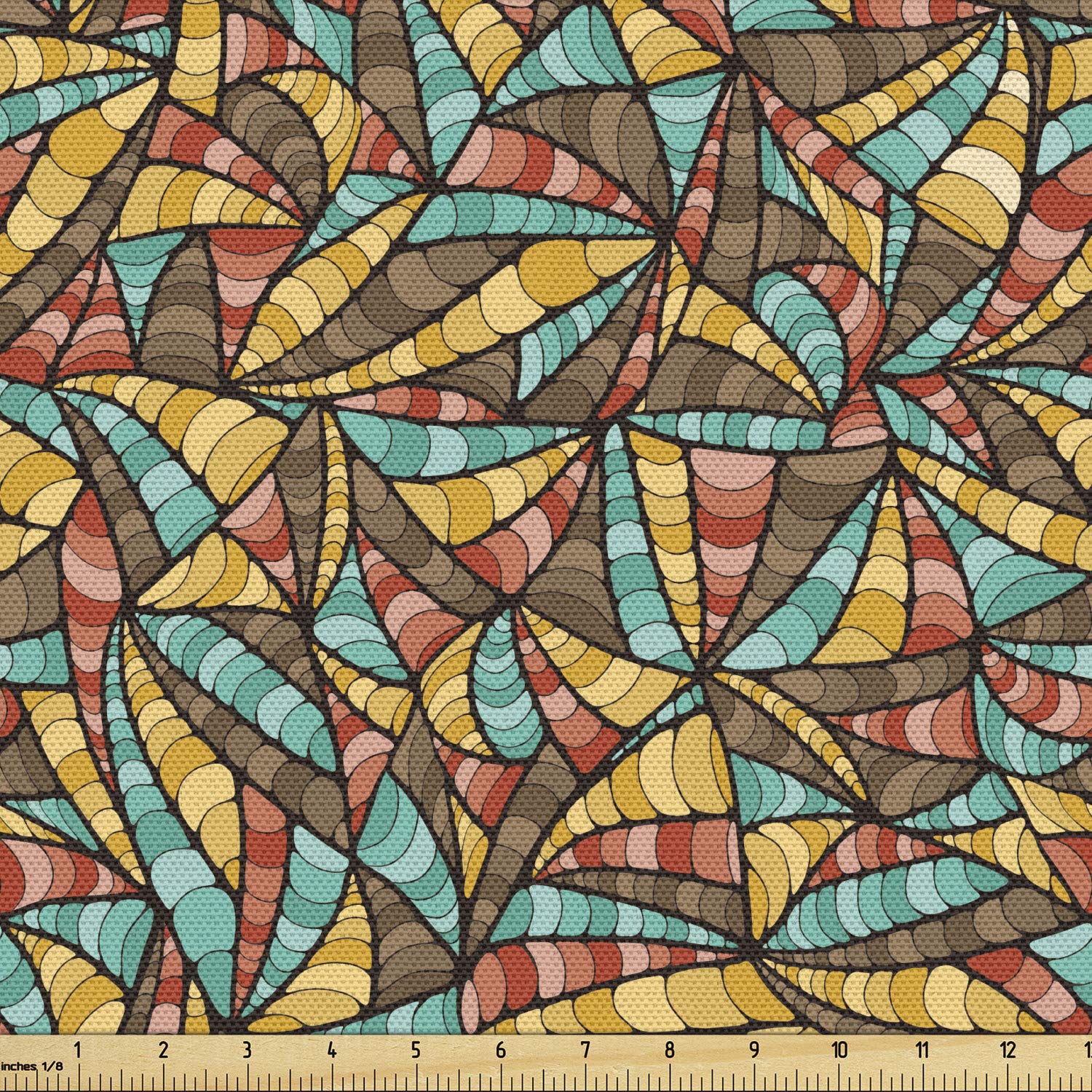 Lunarable Yellow and Brown Fabric by The Yard, Funk Art Style Vibrant Mixed Colorful Culture Print, Decorative Fabric for Upholstery and Home Accents, 2 Yards, Brown Teal