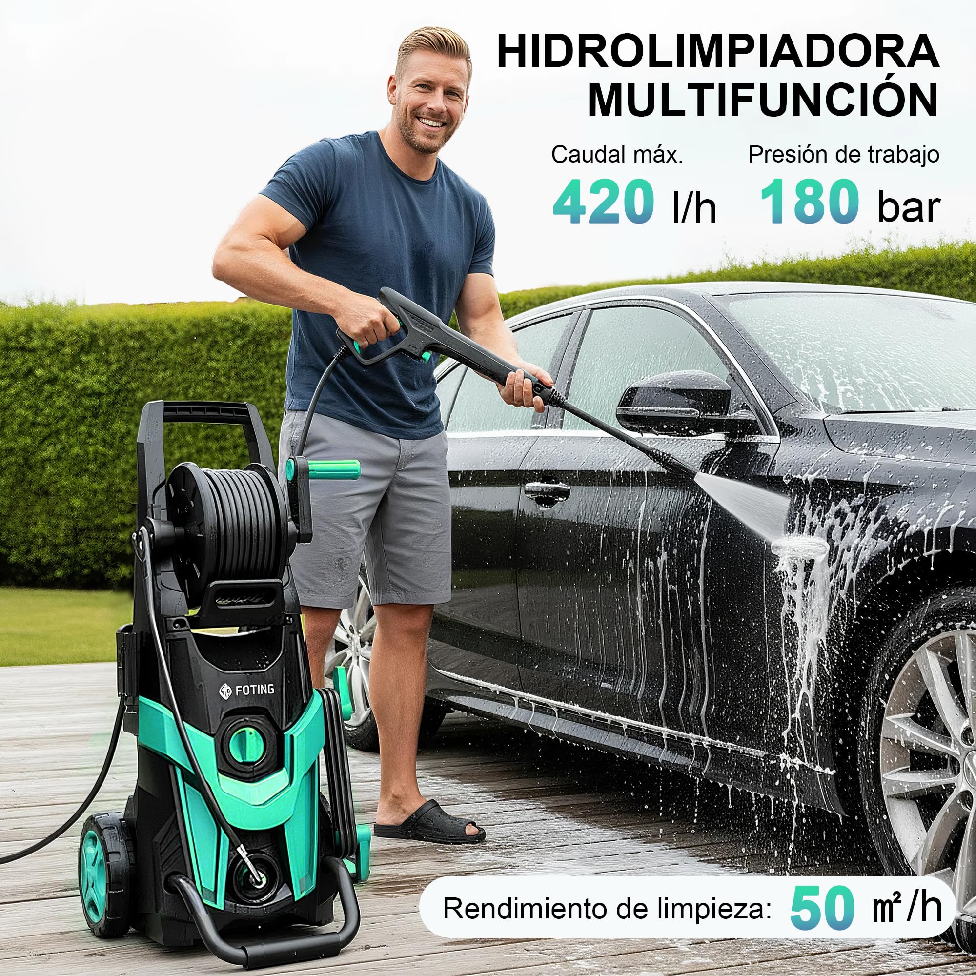 2026NEW Hidrolimpiadora de Alta Presión 180 Bar, 420 l/h, con Carrete para Manguera, Depósito de Espuma y Boquilla Ajustable 6 en 1, Rendimiento de hasta 50 m²/h, para Coche, Terraza y Jardín