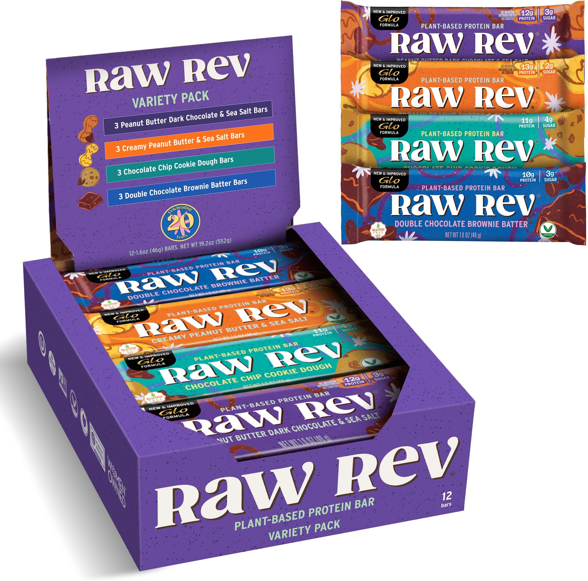 Raw Rev Vegan Protein Bars Variety Pack - 12 bars, Non-GMO, Plastic-Neutral, Nothing Artificial, Glo Formula, Gluten-Free, Keto-Friendly, Paleo, Kosher, No Sugar Alcohols, No Stevia