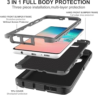 Galaxy S10 Plus Case - 3-in-1 Heavy Duty Protection with 2 TPU Screen Protectors (Black/Grey)