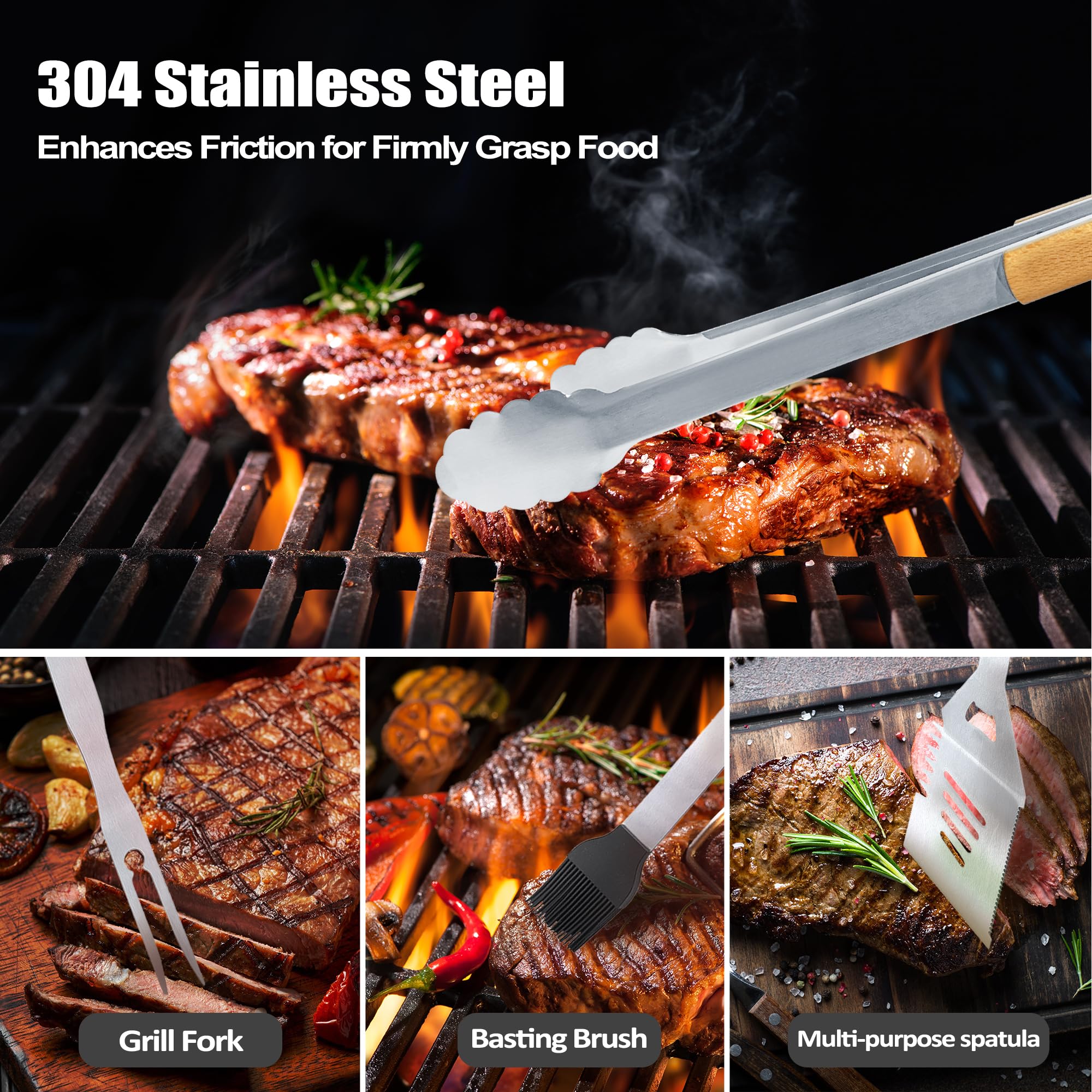 Retirement Gifts for Men, Retired Gift for Dad, Grandpa, Coworker, Retirees Heavy Duty Wooden BBQ Grill Accessories Kit, Thick Stainless Steel Grill Utensil with Non-Slip Handle Tools in Portable Box