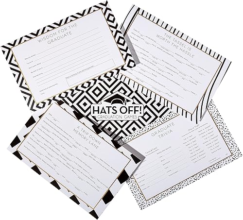 Hats Off! Juegos de graduación 4 en 1, paquete de 200 Trivia, tarjetas de consejos y 2 temas de graduación Libs Recuerdos de fiesta a granel,