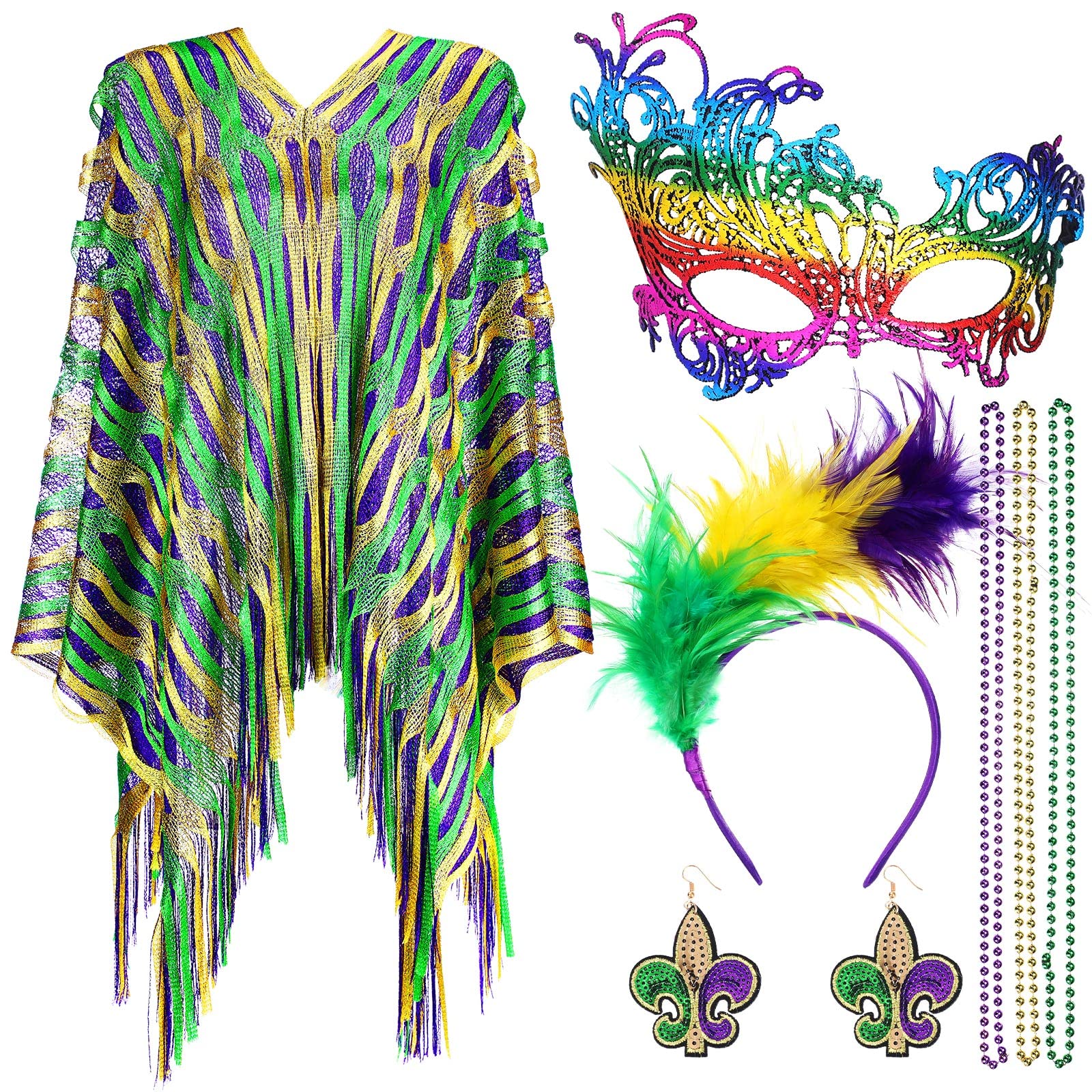 Hicarer7 Pcs Mardi Gras Outfit for Women Feathers Headband Party Headwear Beads Necklaces Shawl Scarf Dangle Earrings Eye Mask