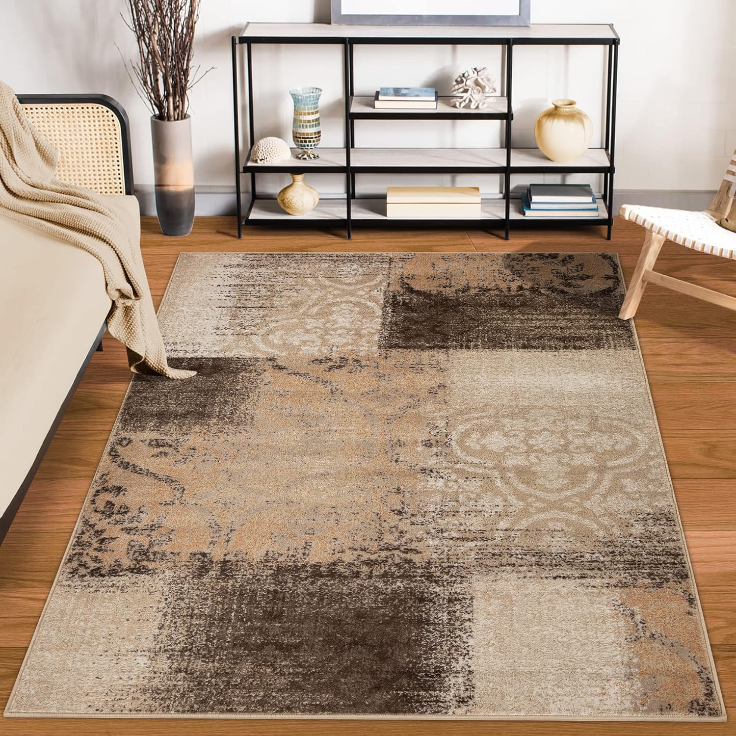 BNM Indoor Small Area Rug with Jute Backing, Perfect for Office, Living Room, Bedroom, Entryway, Dorm, Kitchen, Geometric Floral Patchwork Decor, Bristol Collection, 4' x 6', Beige-Camel