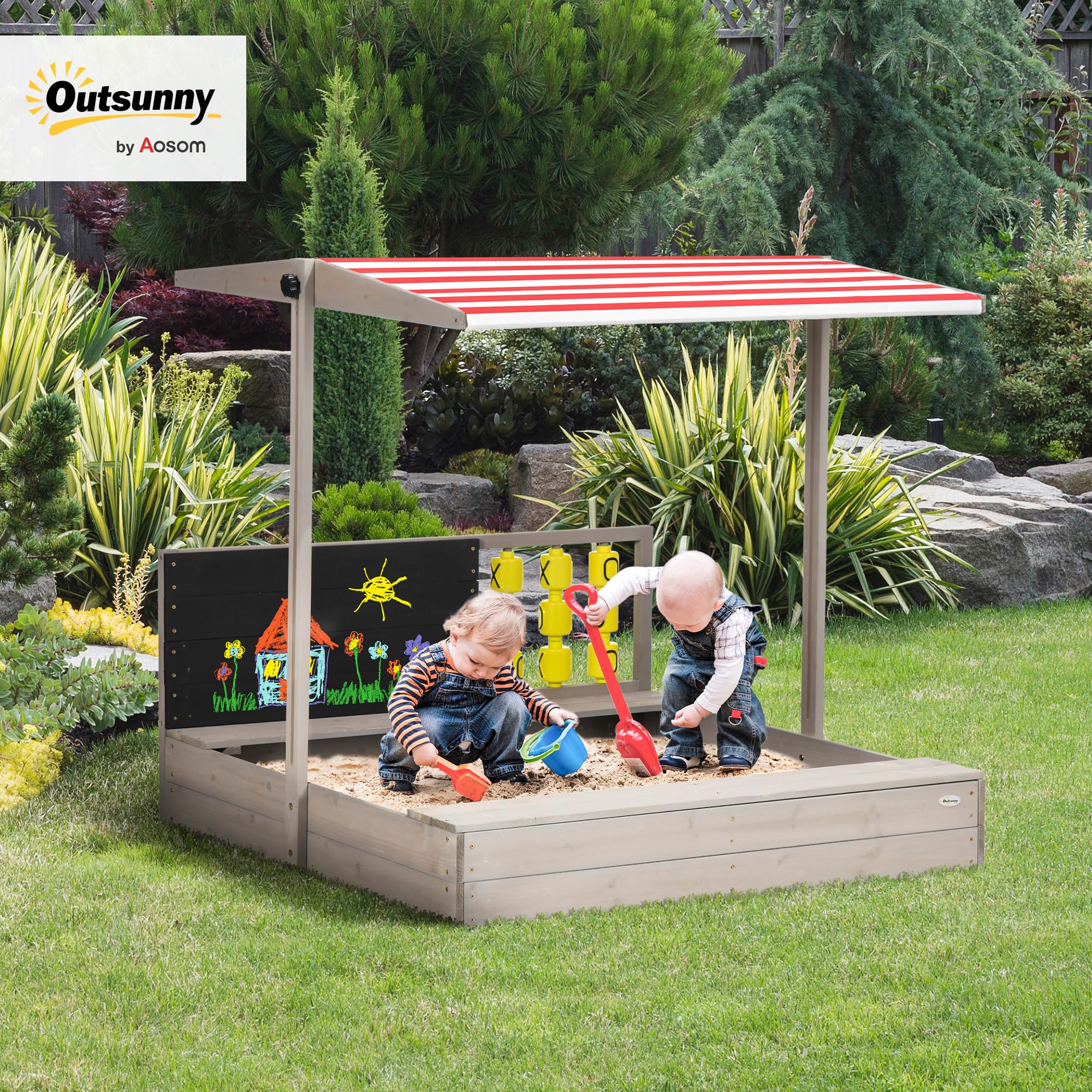 Outsunny Bac à Sable pour Enfants en Bois avec bancs, 114 x 113 x 110 cm | Carré, toit ajustable, tableau et jeux inclus, pour enfants, gris, hauteur 110 cm