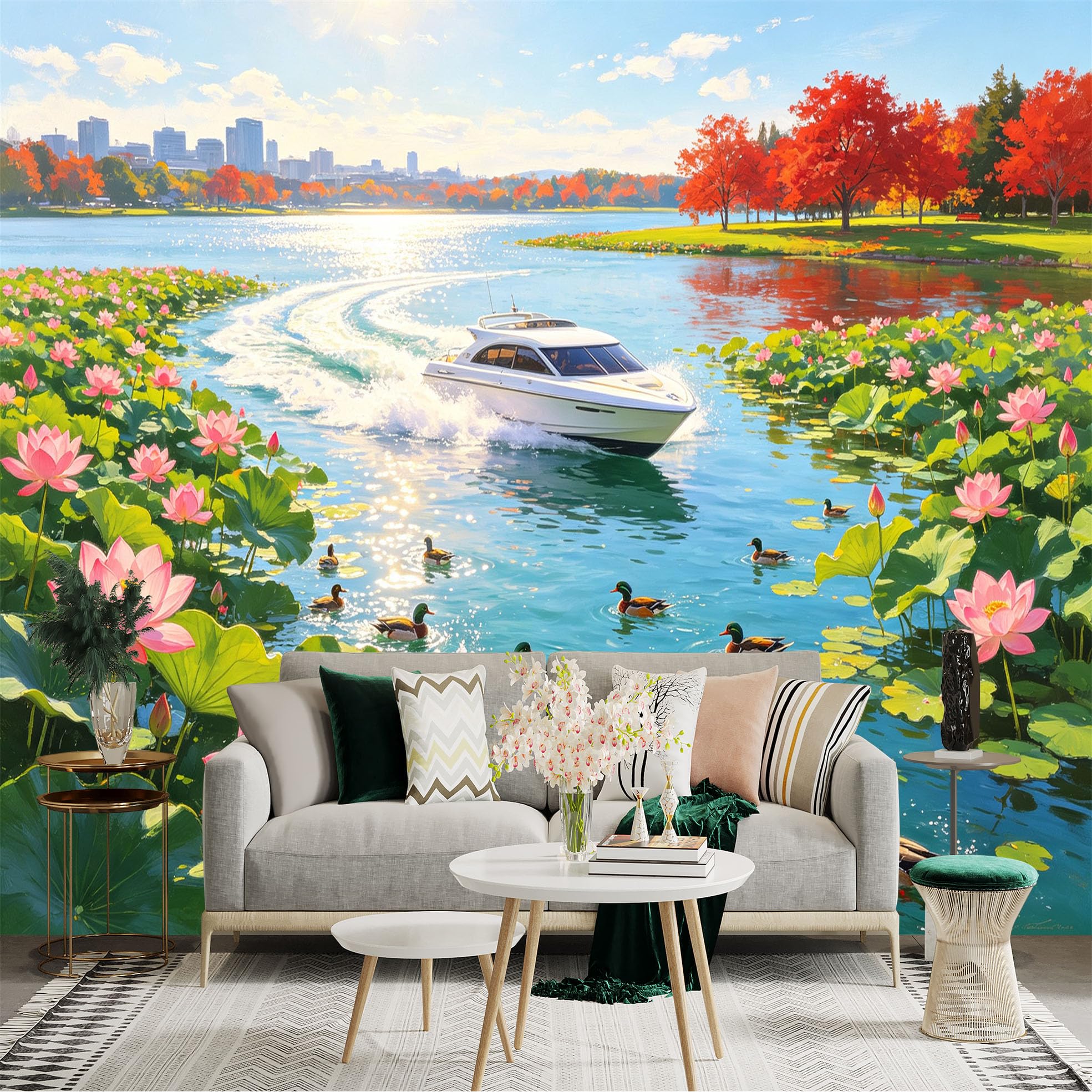 Custom Size Wall Sticker Mural， Yacht Sailing on Lake， Pink Lotus Flowers and Ducks， Autumn Forest Landscape， for wall Decoration， peelandstick wall Decals.