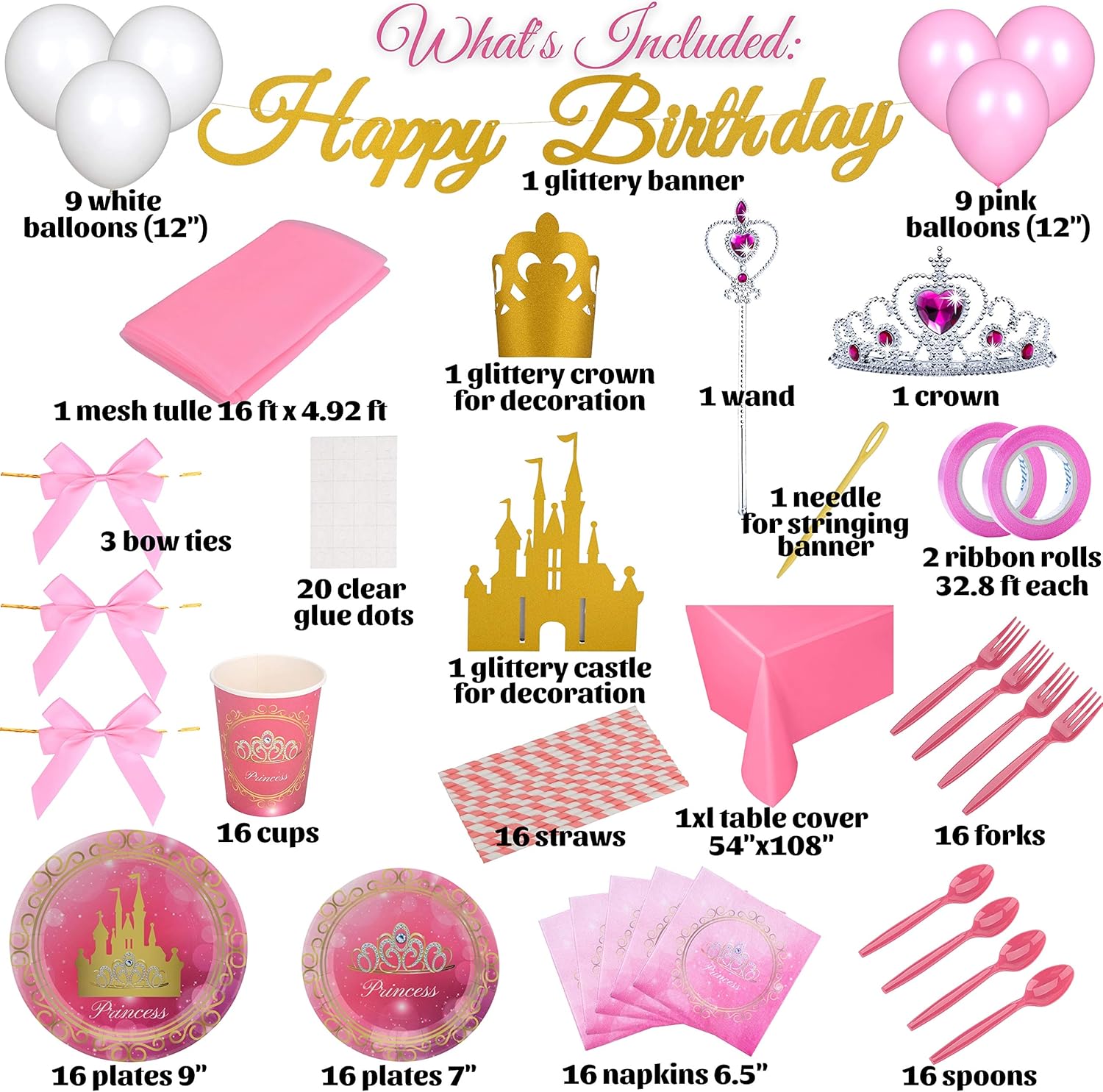 Princess Party Theme 2 sets in 1: Birthday Princess Decorations Tulle Backdrop & Disposable Tableware Bundle Pack 145 Pcs Serves 16