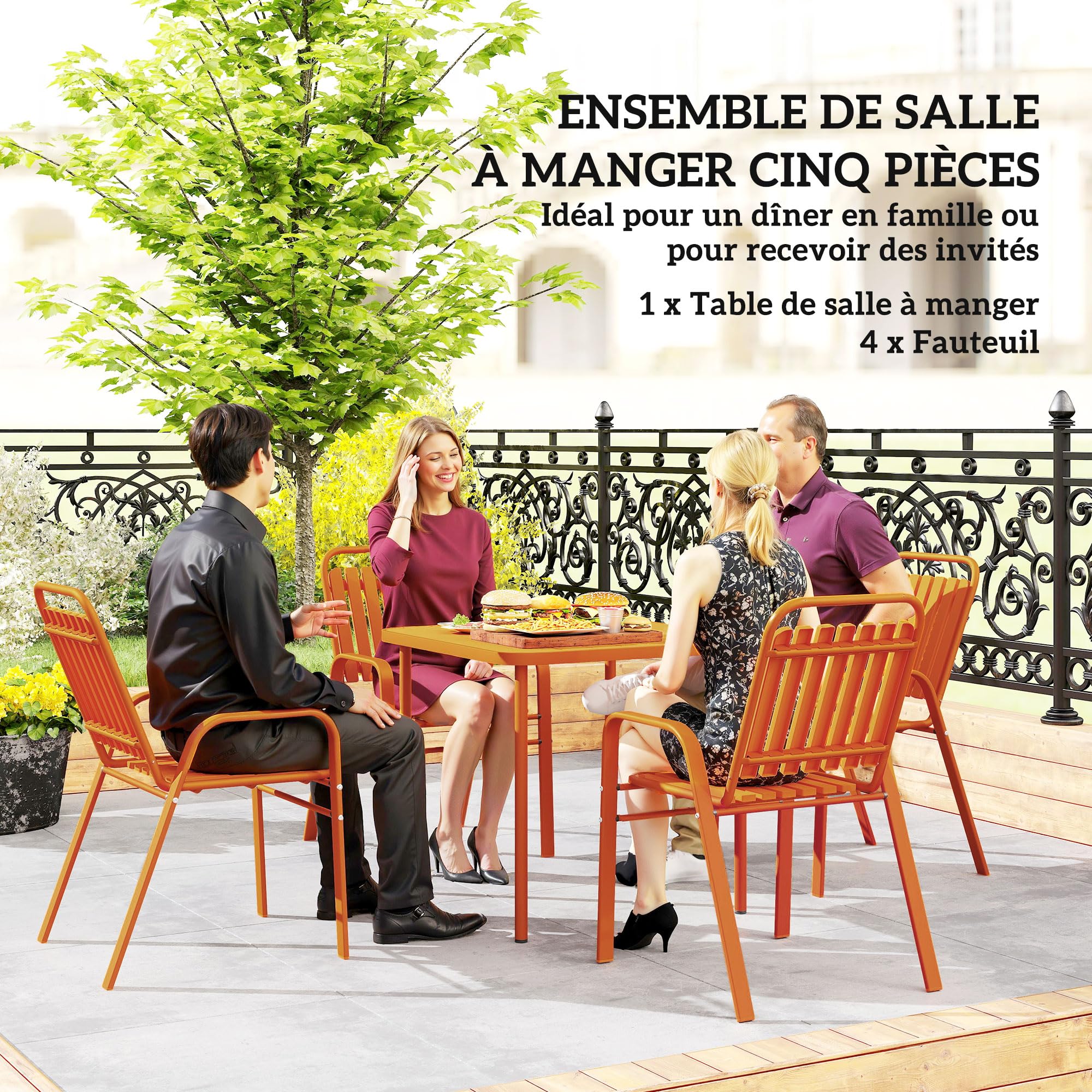 Outsunny Salon de Jardin extérieur 5 pièces, Table de Jardin extérieure avec 4 chaises empilables, Plateau à Lattes 80 cm, Structure en Acier Anti-Rouille, pour terrasse, Patio, Orange