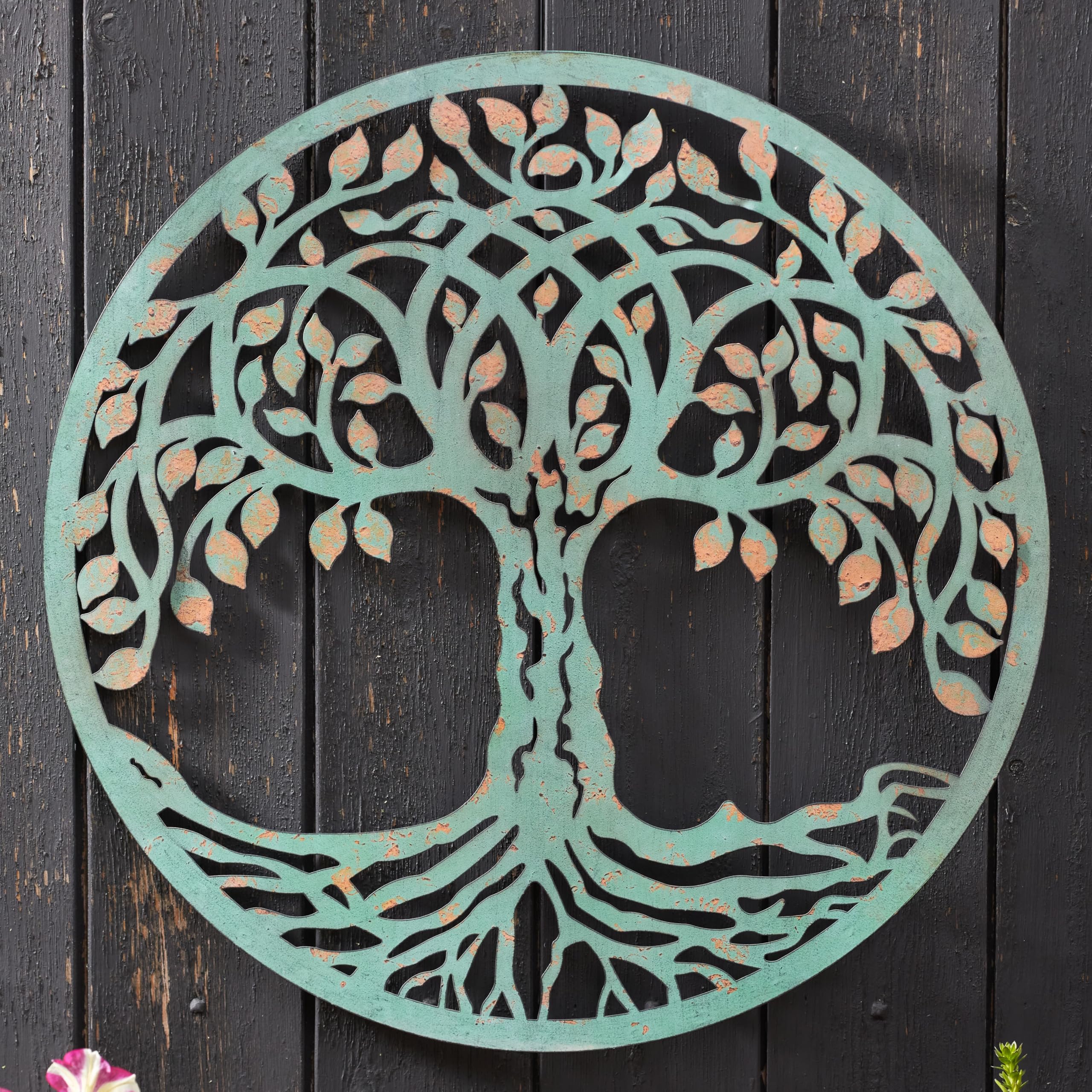 Tree of Life Garden Wall Art 60cm – Decorative Verdigris Iron Indoor Outdoor Plaque Sculpture Ornament with Integral Hanging Hook for Balcony, Fence, Patio, Decking, Garage, Shed, Yard (60cm)
