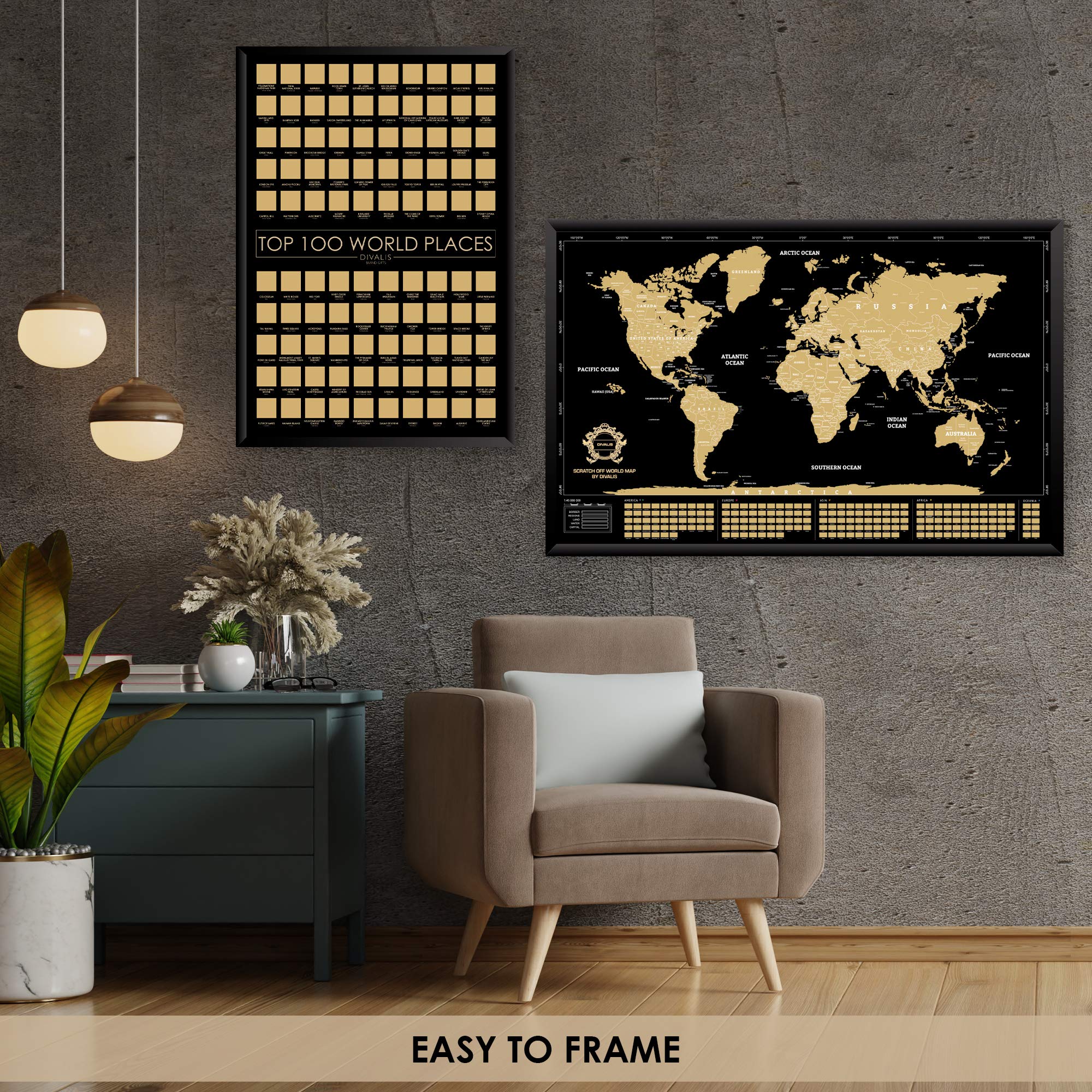 Juego de regalo 2 en 1 – Mapa del mundo para rascar + póster de los 100 lugares para visitar – Paquete de viaje grande para rascar – Mapa de los mejores lugares que he estado para trotamundos – Dos