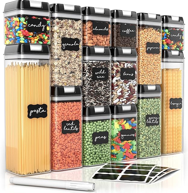 Simply Gourmet Food Storage Containers - 14 Piece Sugar, Cereal & Flour Container Set w/ Lids for Kitchen and Pantry Organization - Includes 32 Labels, 1 Marker