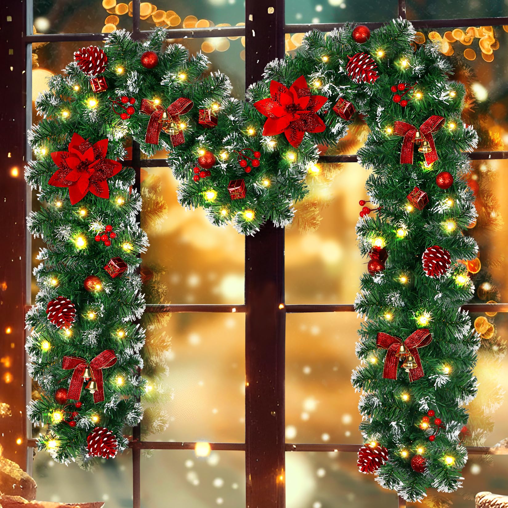 DOIOWN Christmas Garland with Lights,9Ft Prelit Christmas Garland for Mantle,100 LED Christmas Decorations Garland with Berries,Bows,Pine Cones,Flowers for Stairs Indoor Outdoor Decor Battery Operated