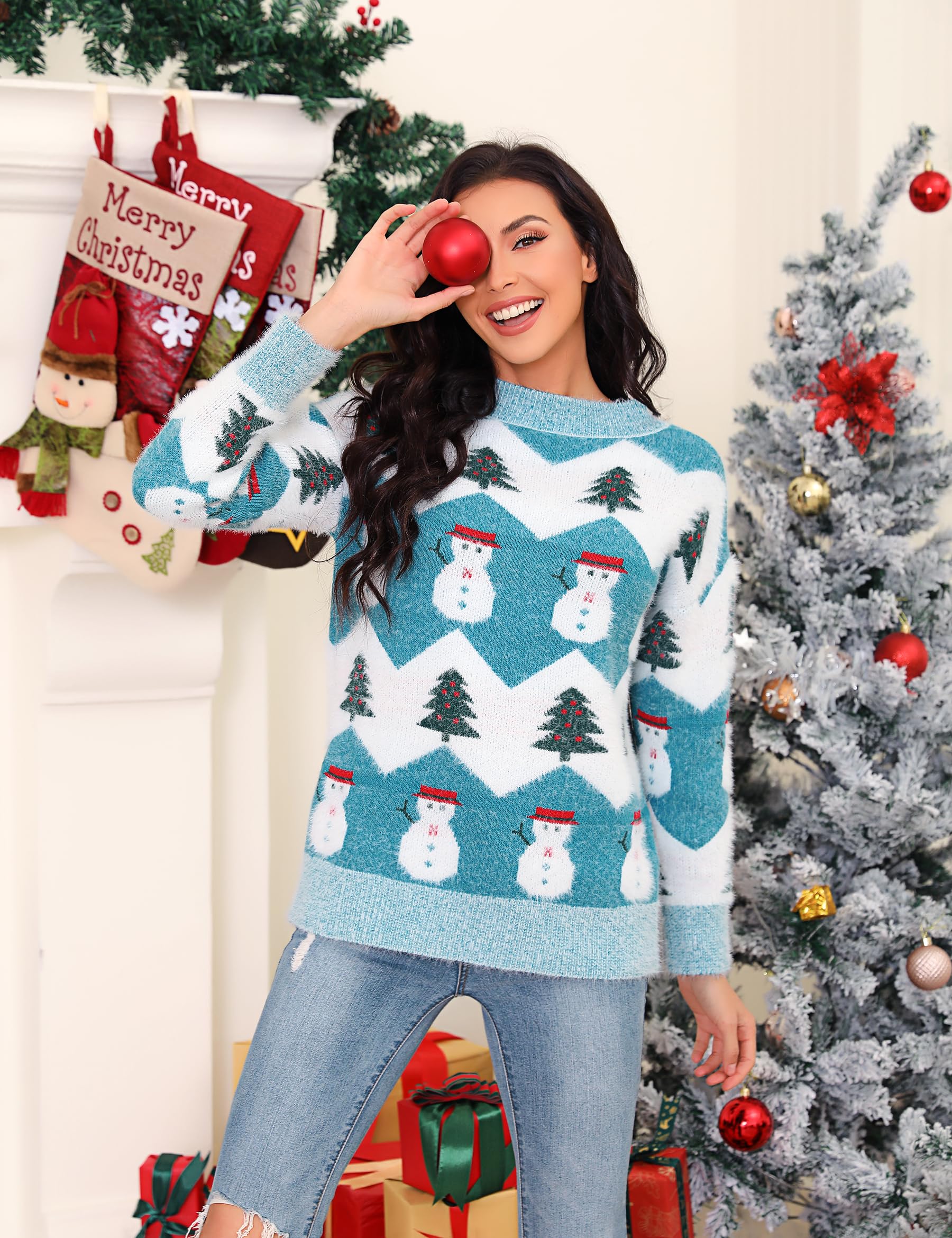 Marvmys Jersey Navideño para Mujer Manga Larga Suéter de Navidad Invierno Ropa de Punto de Reno Monigote de Nieve Cuello Redondo