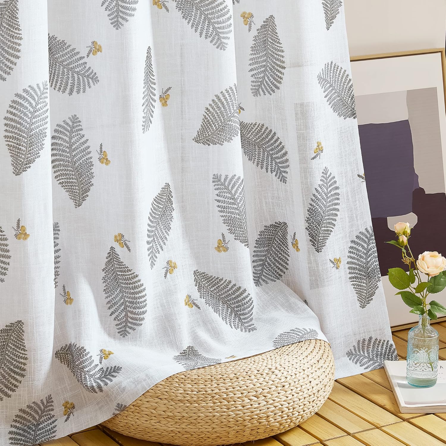 KGORGE Floral Sheer Curtains - Linen Textured, Leaves Print Embroidery Boho Curtains Grommet Top Durable View Through for Teens Bedroom, Kitchen, Living Room, W 50" x L 84", 2 Panels, White